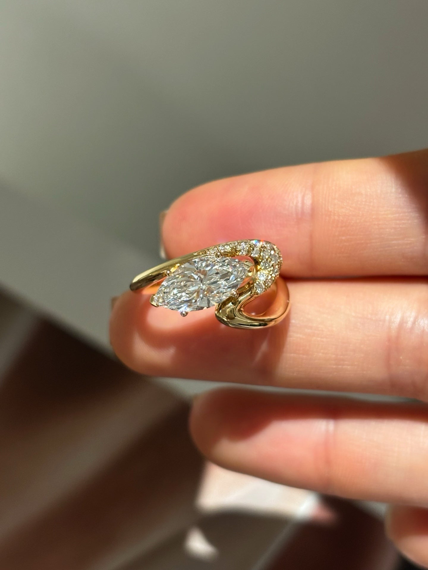 Marquise-Cut Lab-Grown Diamond Bypass Ring with Pavé Accents | 18K Gold
