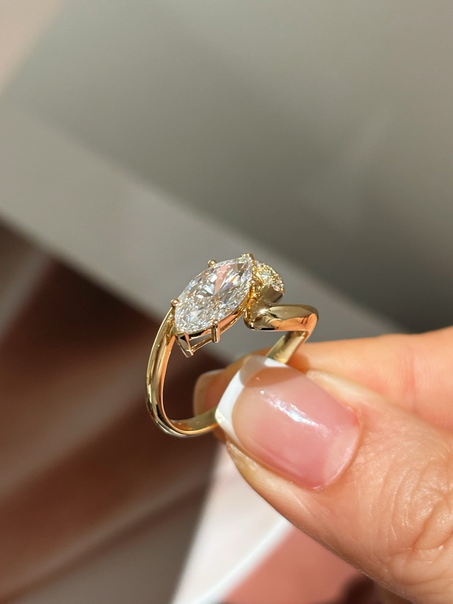 Marquise-Cut Lab-Grown Diamond Bypass Ring with Pavé Accents | 18K Gold