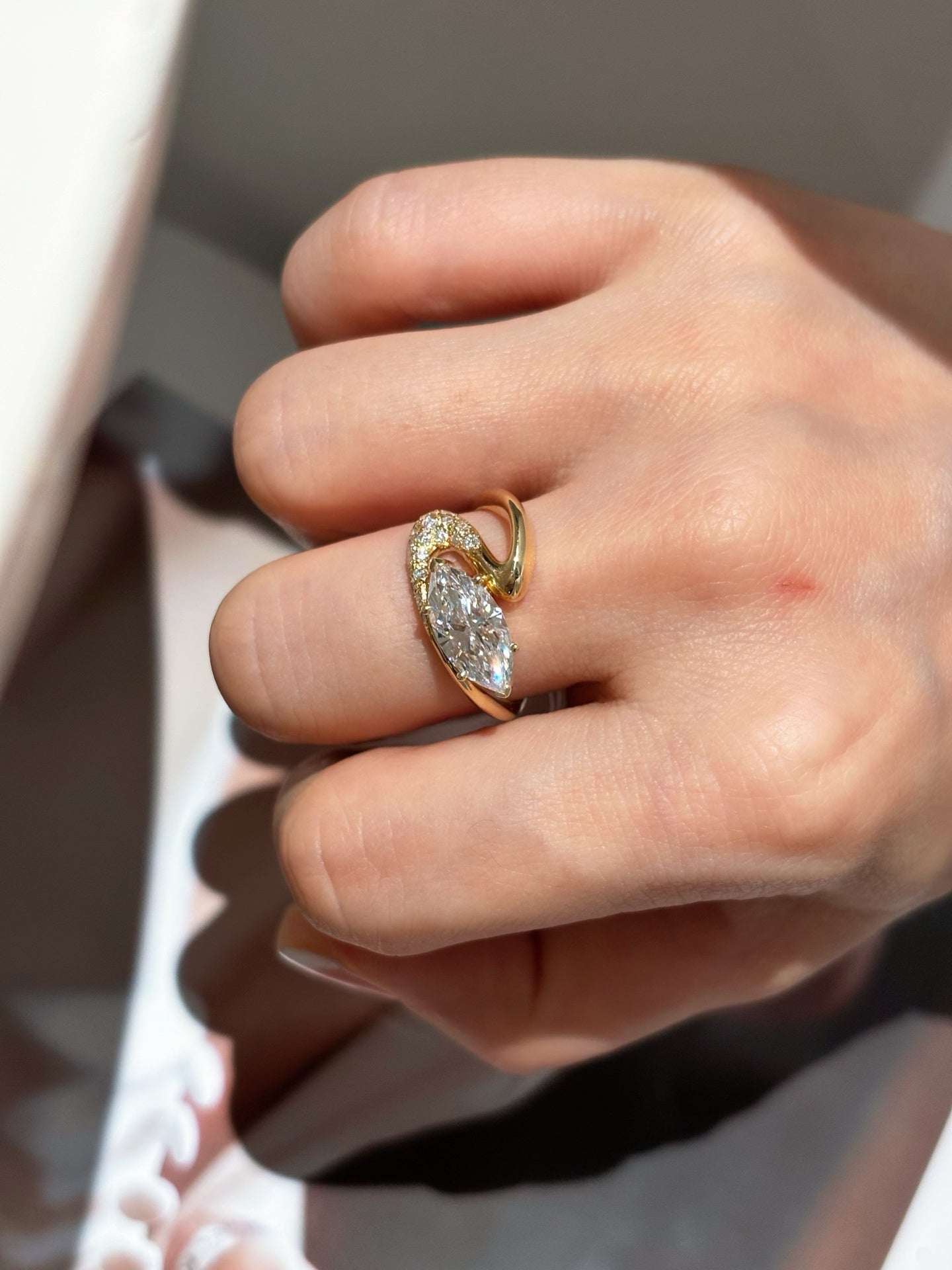 Marquise-Cut Lab-Grown Diamond Bypass Ring with Pavé Accents | 18K Gold