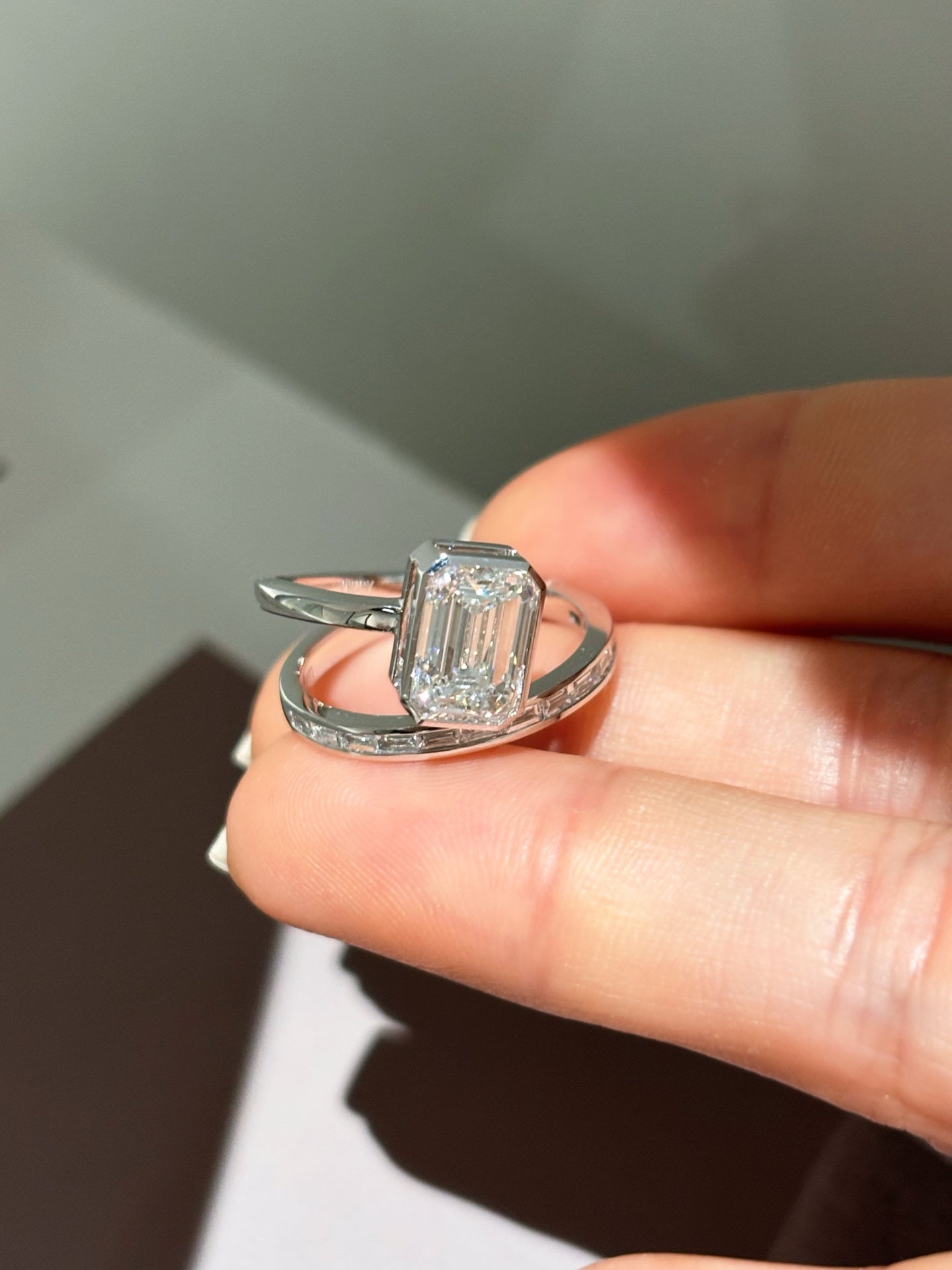 Emerald Cut Lab Grown Diamond Split Shank Engagement Ring | Baguette Side Stones Stackable | 18K Gold