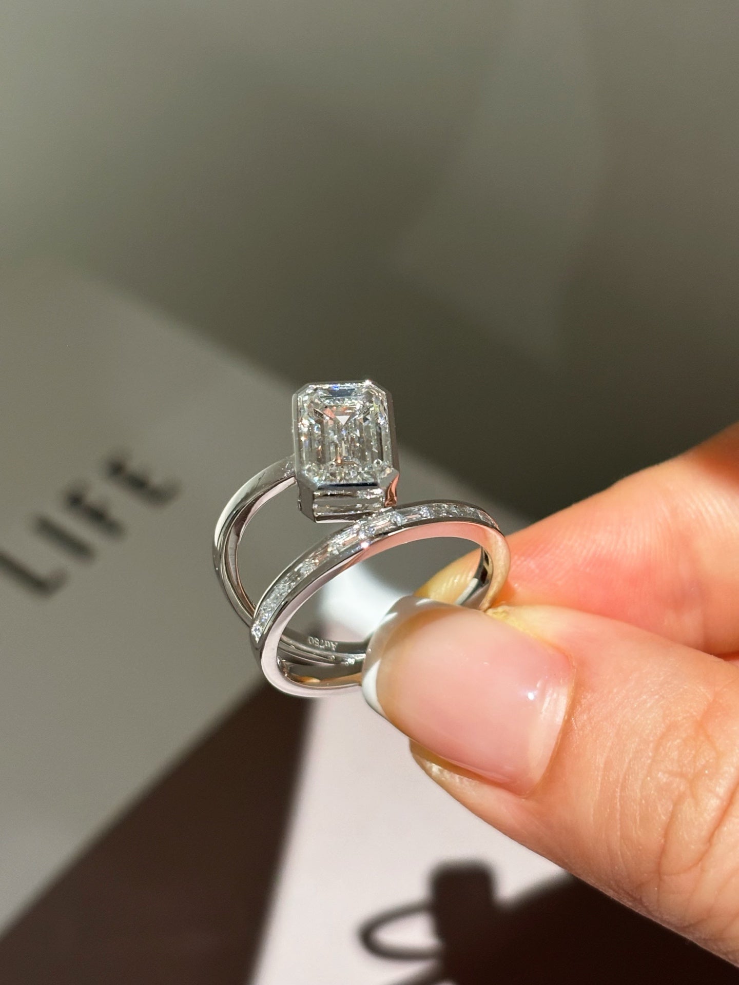 Emerald Cut Lab Grown Diamond Split Shank Engagement Ring | Baguette Side Stones Stackable | 18K Gold
