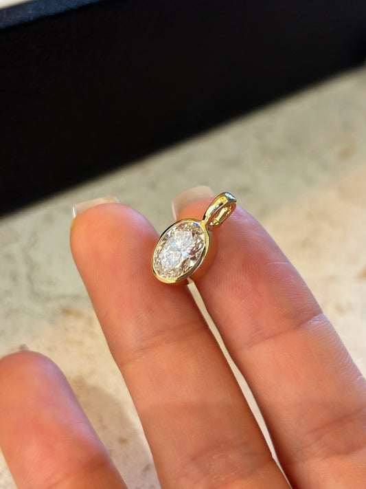 Oval Lab Grown Diamond Solitaire Pendant| 18K Gold| Bezel Set