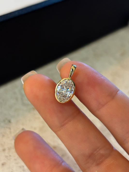 Oval Lab Grown Diamond Solitaire Pendant| 18K Gold| Bezel Set