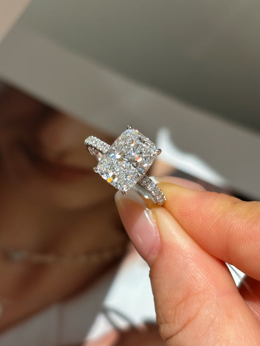 Cushion Cut Lab-Grown Diamond Engagement Ring | Pave Band | 18K Gold