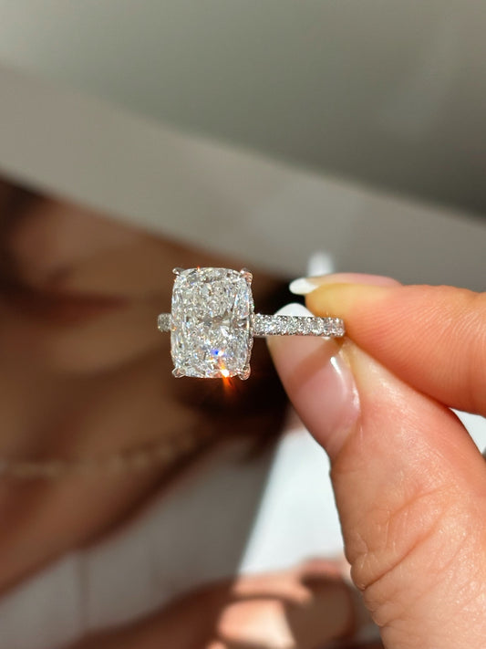 Cushion Cut Lab-Grown Diamond Engagement Ring | Pave Band | 18K Gold