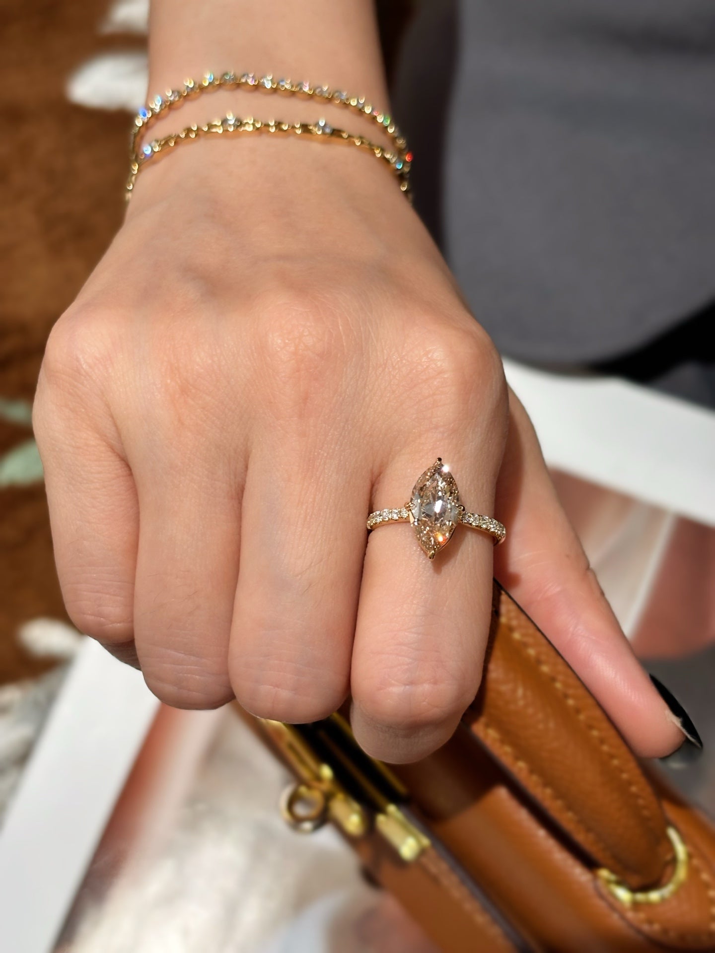 Marquise Cut Lab Grown Diamond Engagement Ring | Pave Side Stones | 18K Gold