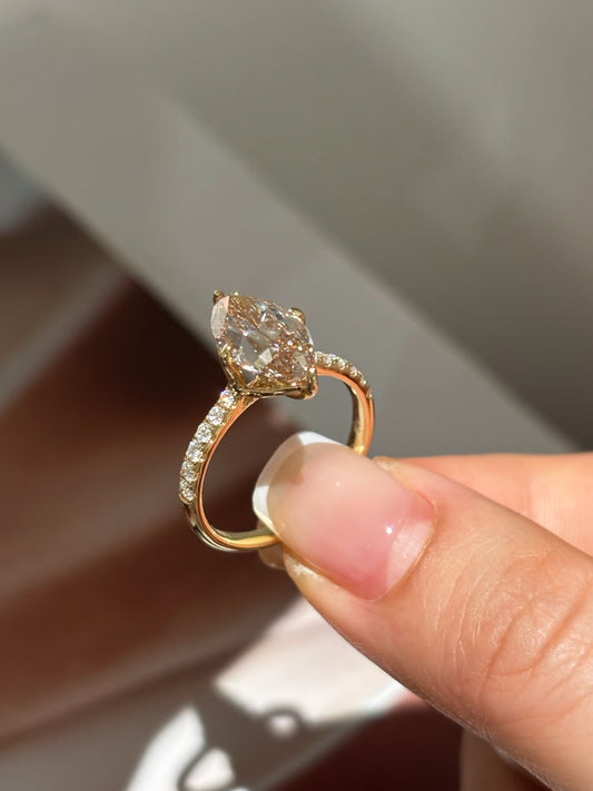 Marquise Cut Lab Grown Diamond Engagement Ring  |  Pave Side Stones | 18K Gold