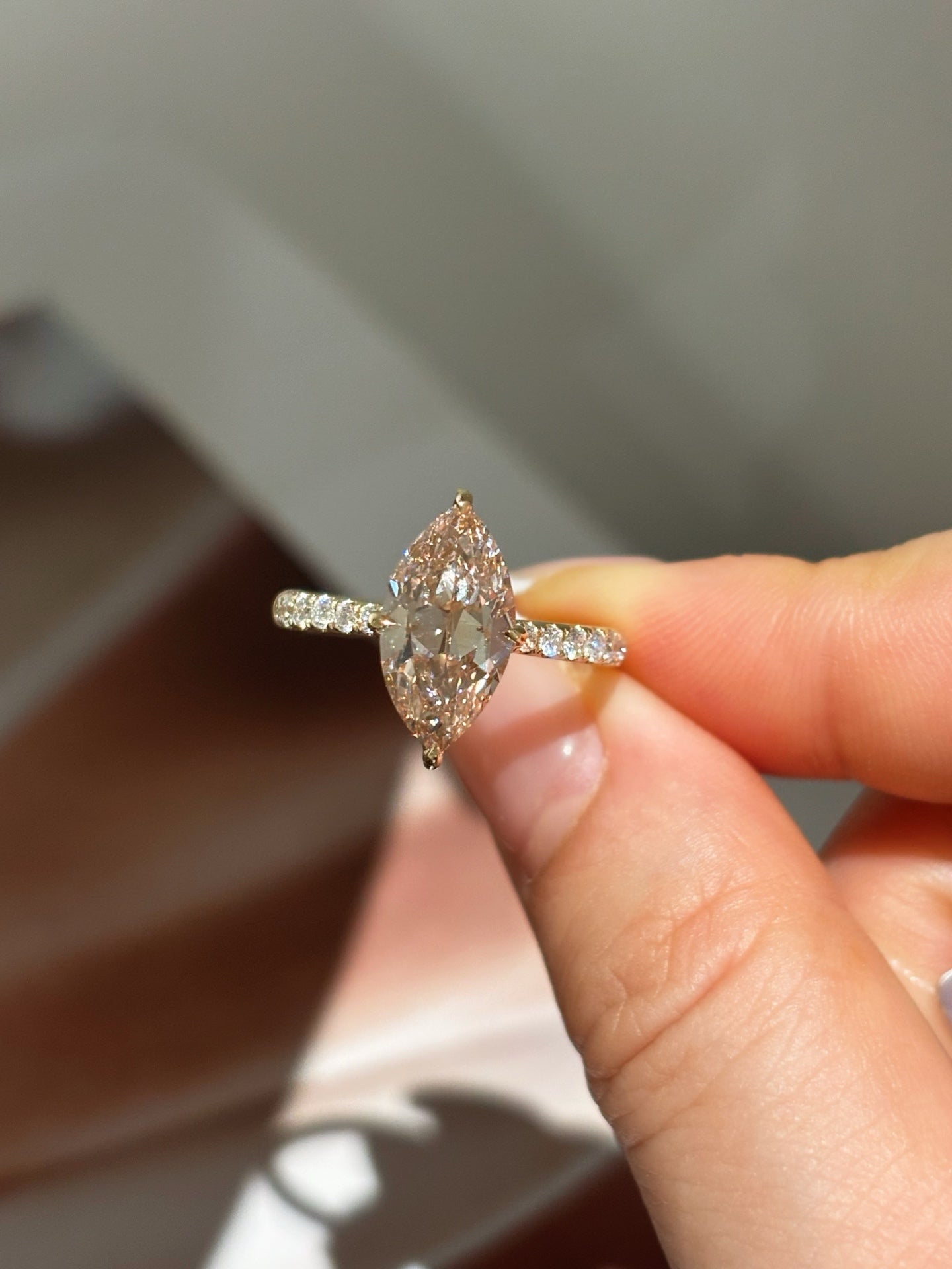 Marquise Cut Lab Grown Diamond Engagement Ring | Pave Side Stones | 18K Gold