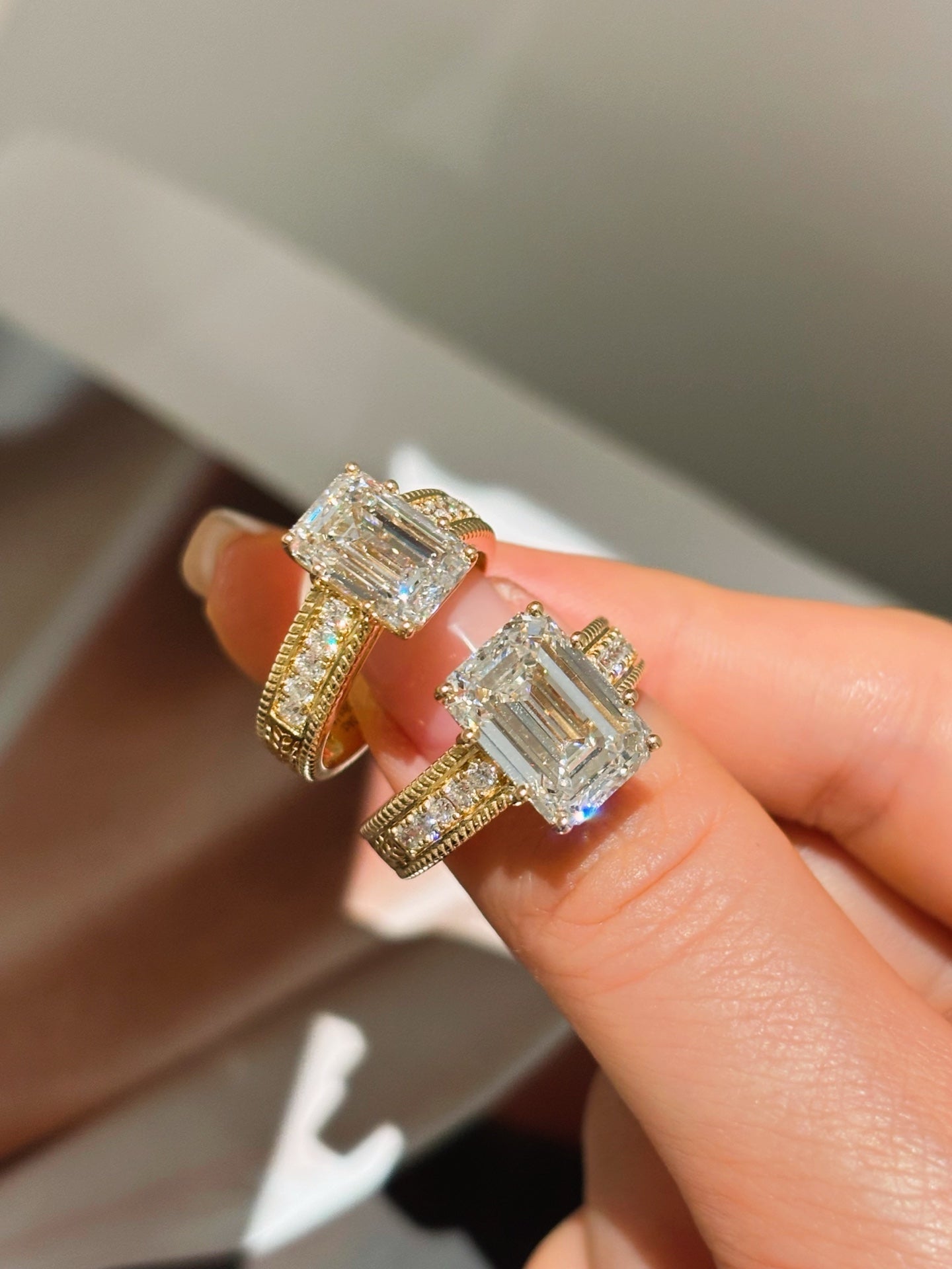 Emerald Cut Lab Grown Diamond Engagement Ring | Vintage Milgrain Side Stones | 18K Gold