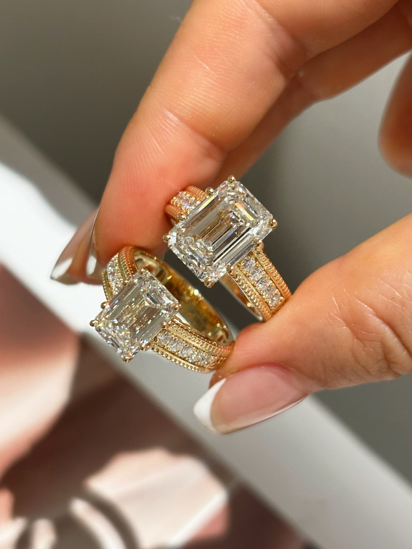 Emerald Cut Lab Grown Diamond Engagement Ring | Vintage Milgrain Side Stones | 18K Gold