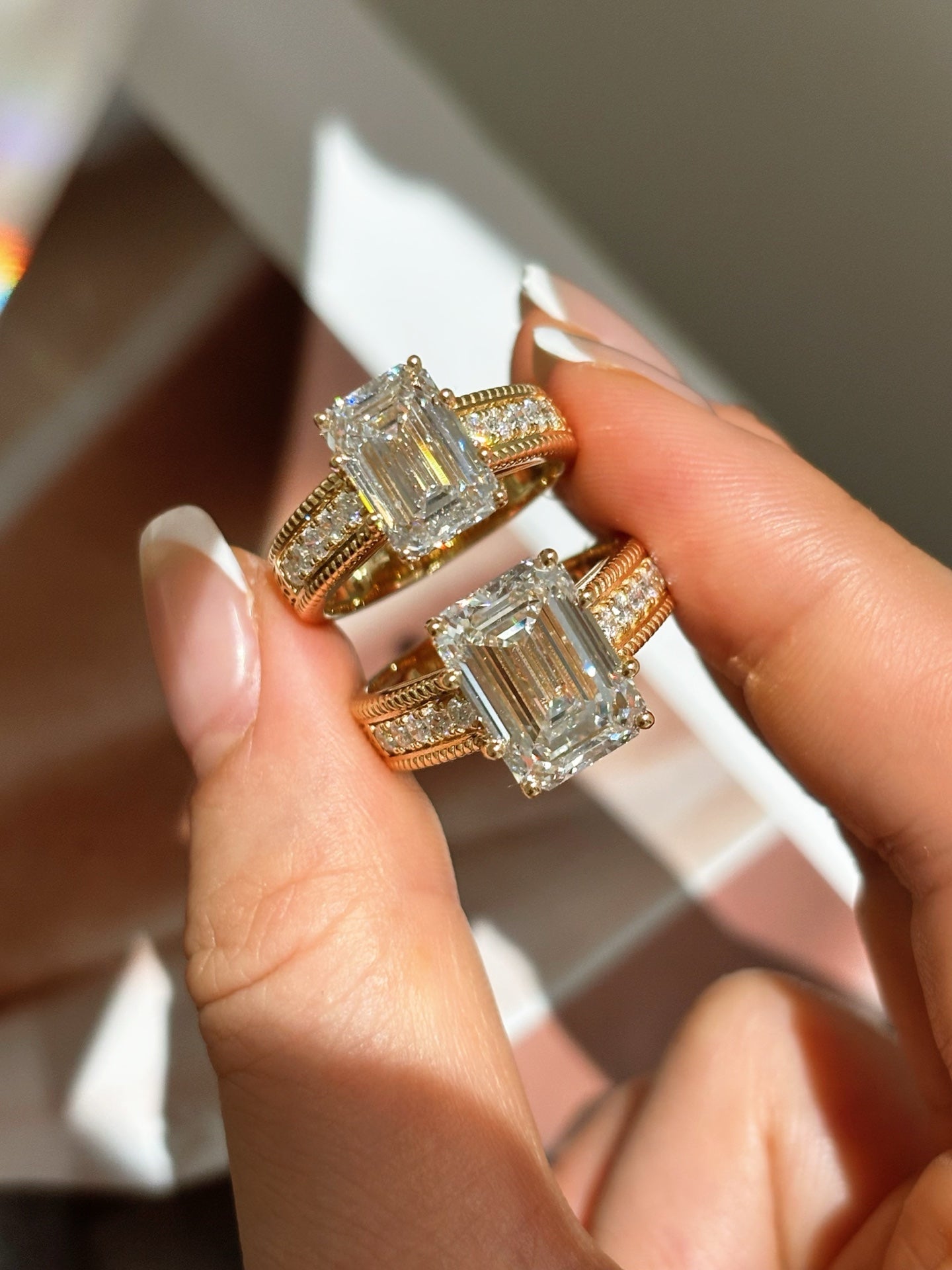 Emerald Cut Lab Grown Diamond Engagement Ring | Vintage Milgrain Side Stones | 18K Gold