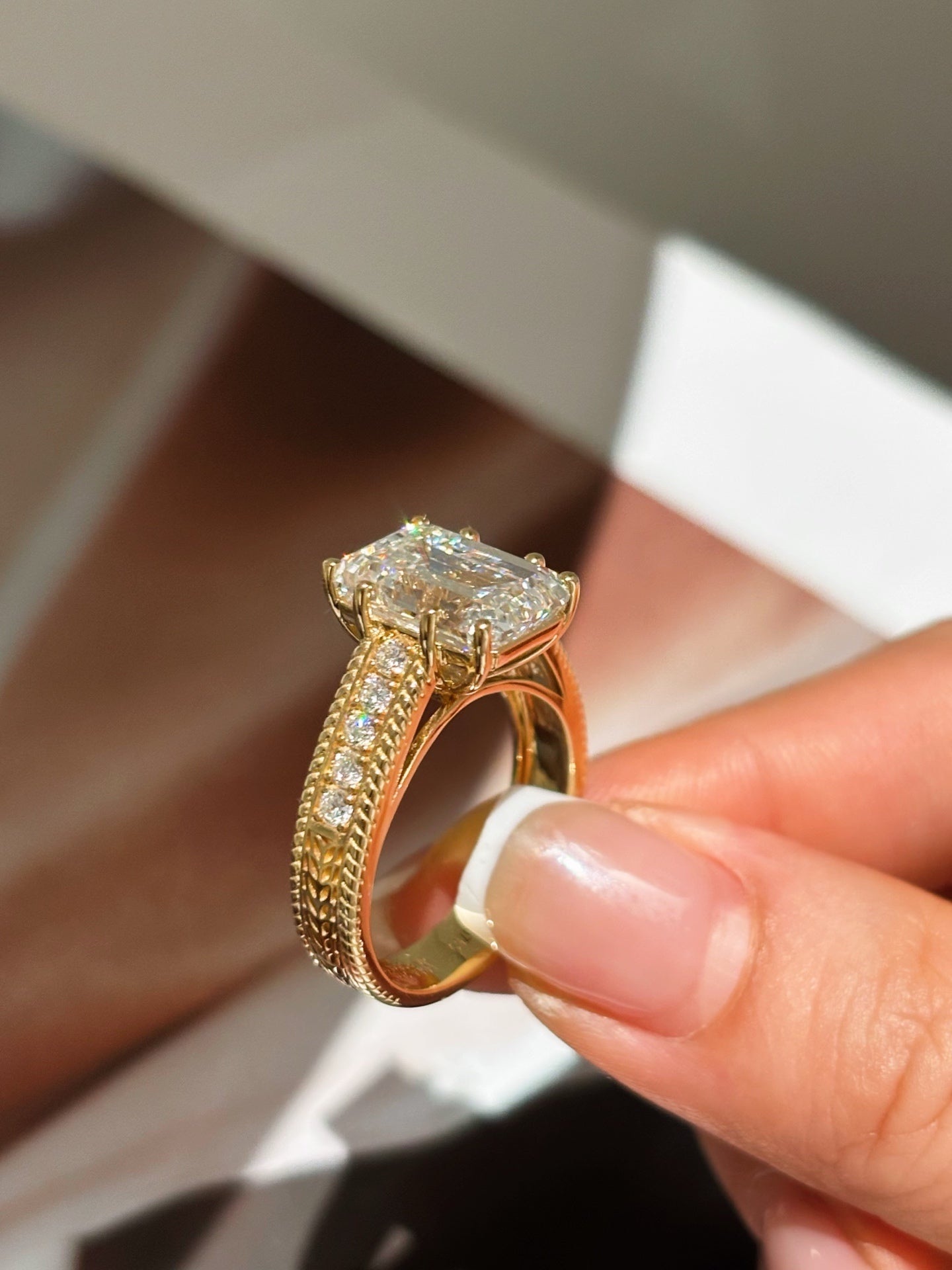 Emerald Cut Lab Grown Diamond Engagement Ring | Vintage Milgrain Side Stones | 18K Gold