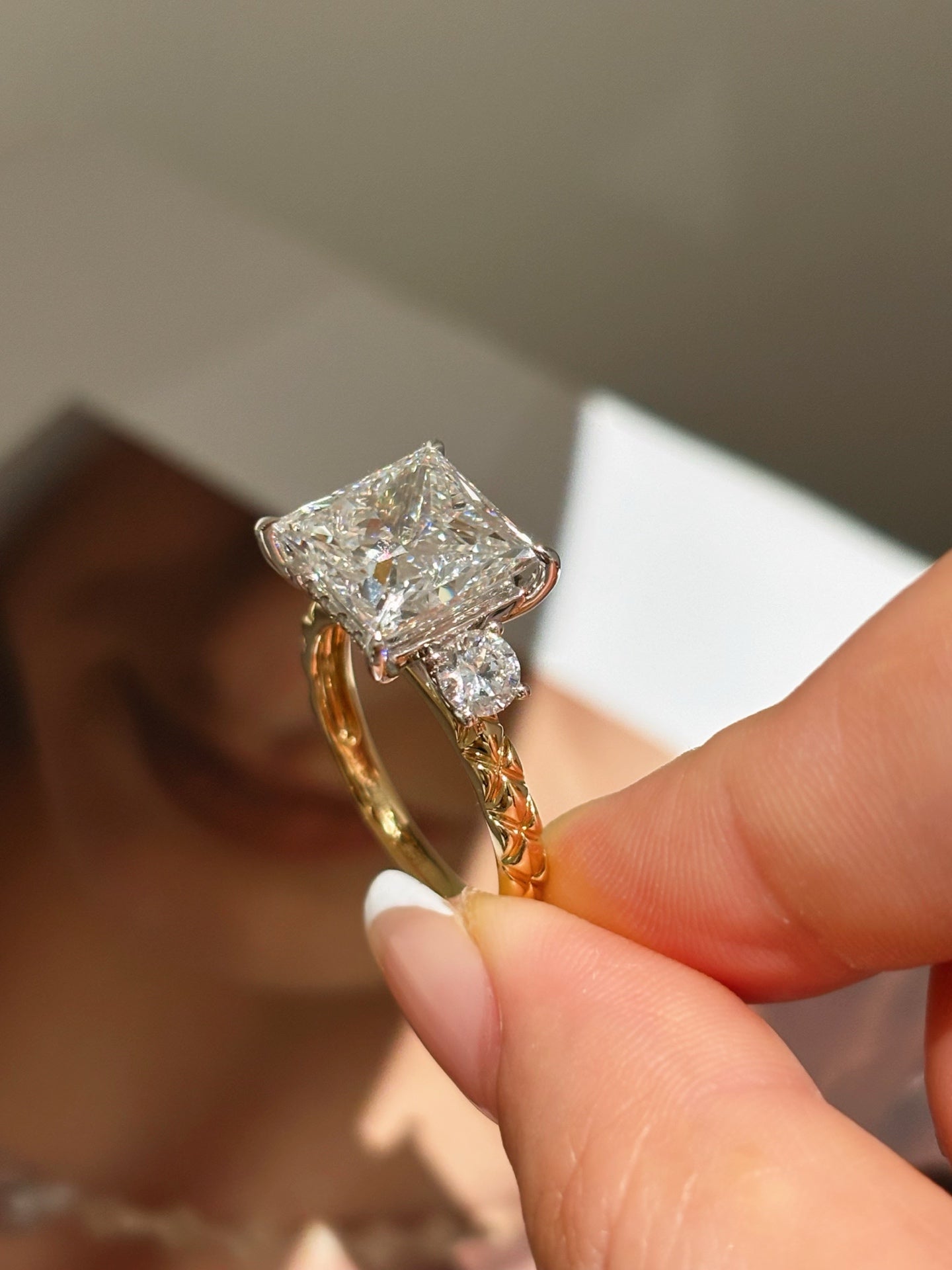 Three-Stone Princess Cut Lab Grown Diamond Engagement Ring | 18K Gold