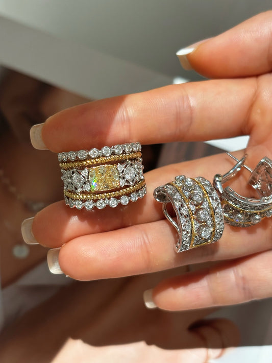 Two Tone White & Yellow Vintage Filigree Hoop Earrings | Multi Row Pave Wide | 18K Gold