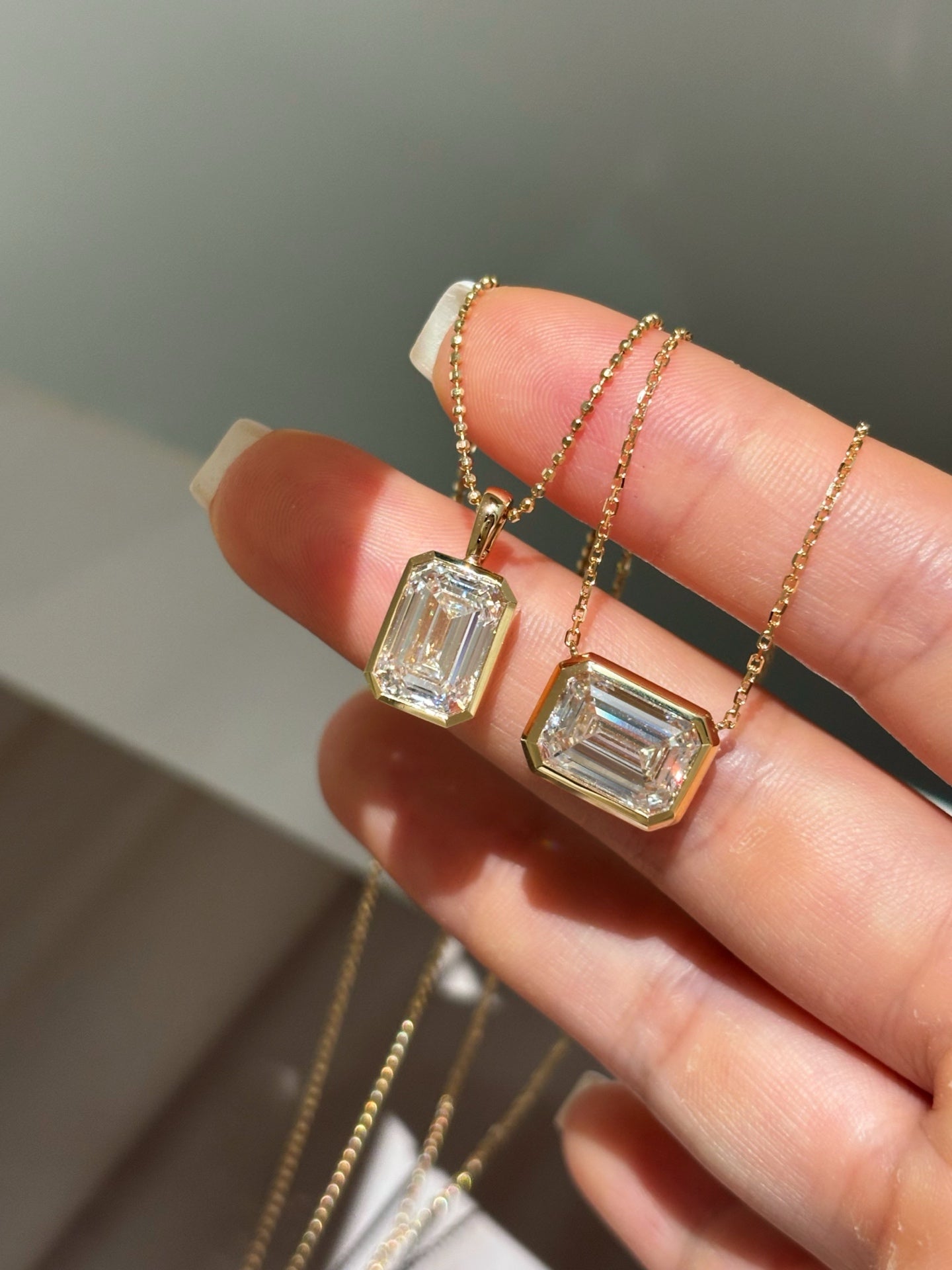Emerald Cut Lab Grown Diamond Bezel Set Pendant Necklace | West East | 18K Gold