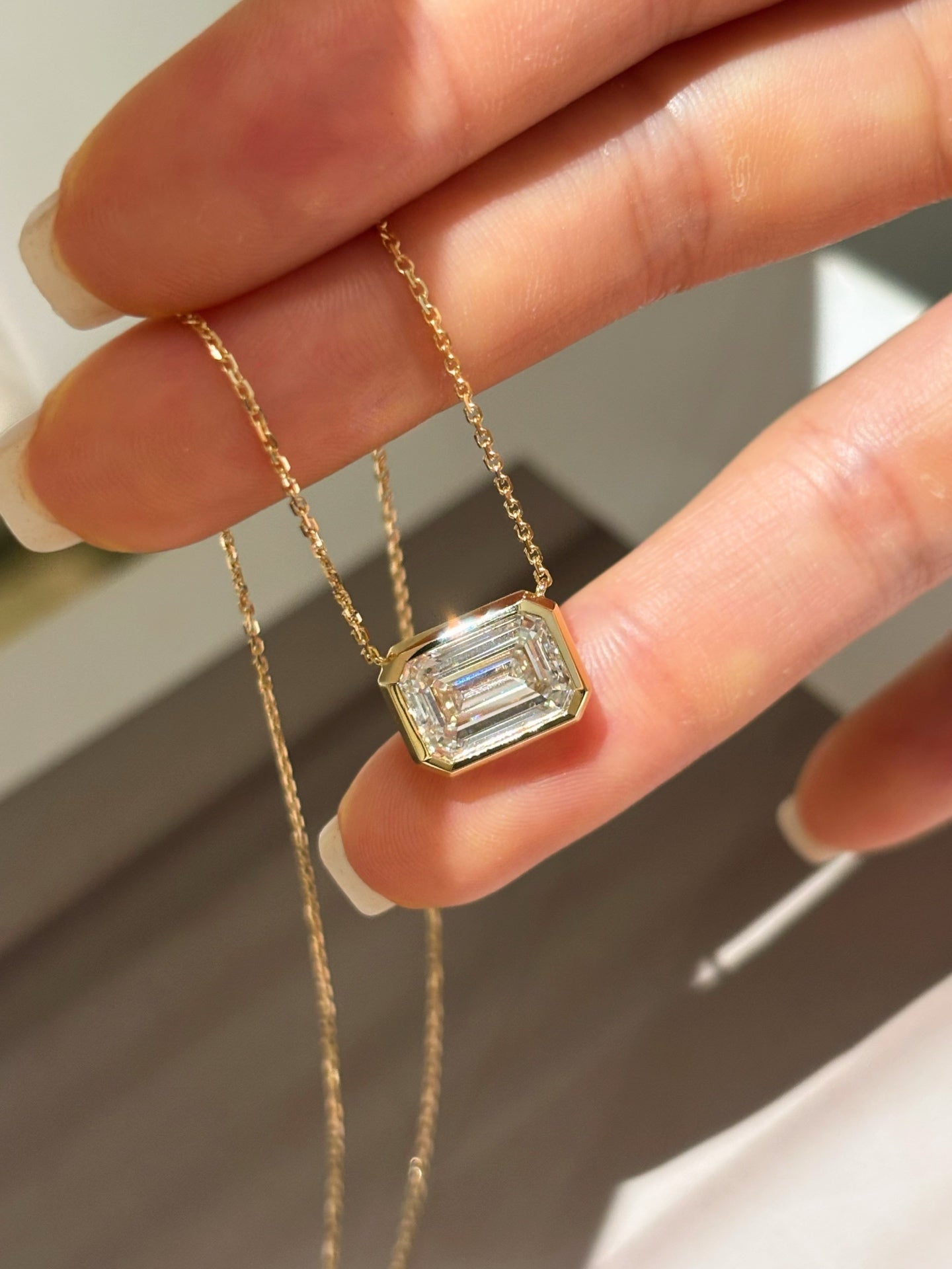 Emerald Cut Lab Grown Diamond Bezel Set Pendant Necklace | West East | 18K Gold