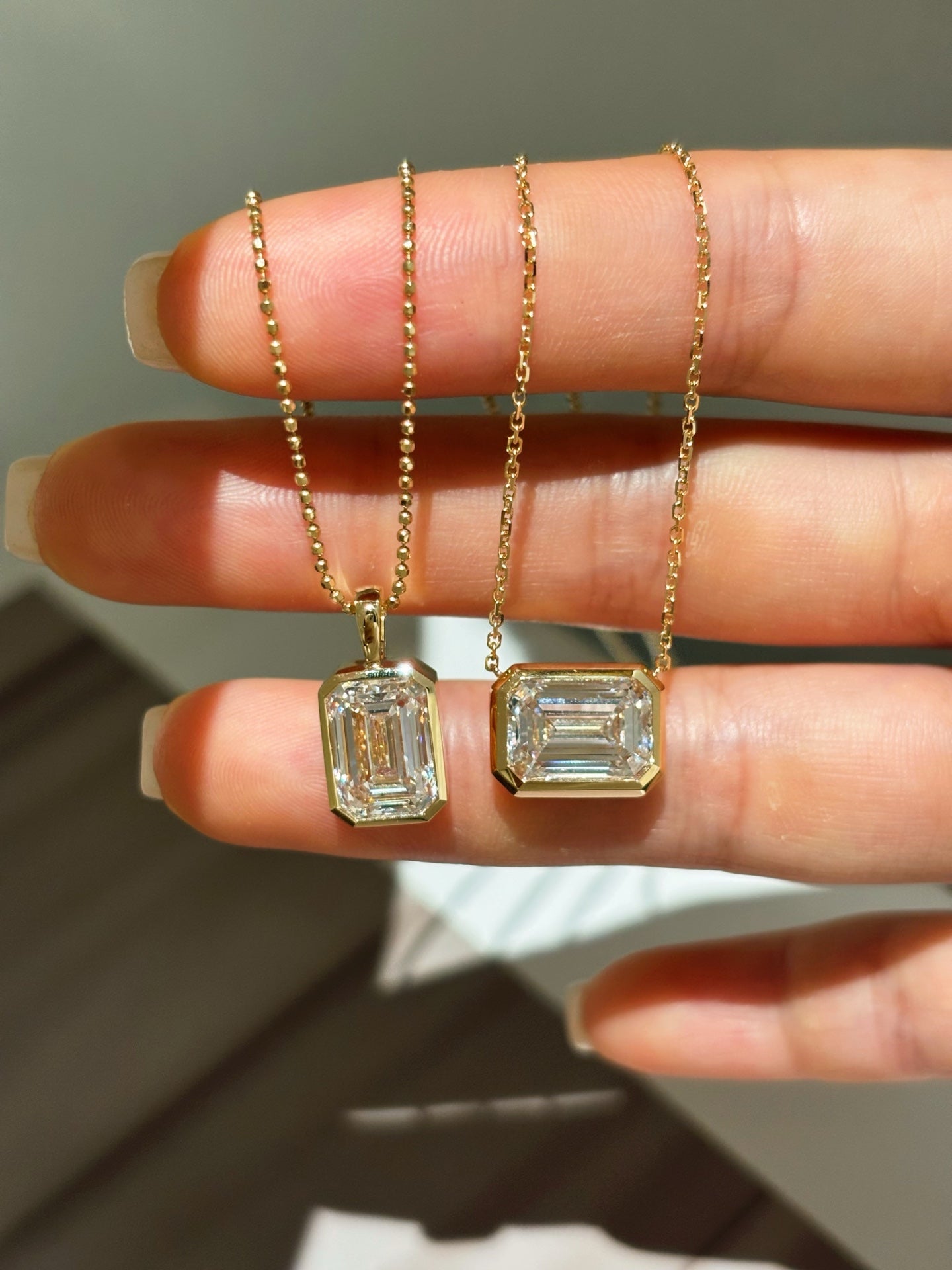 Emerald Cut Lab Grown Diamond Bezel Set Pendant Necklace | West East | 18K Gold