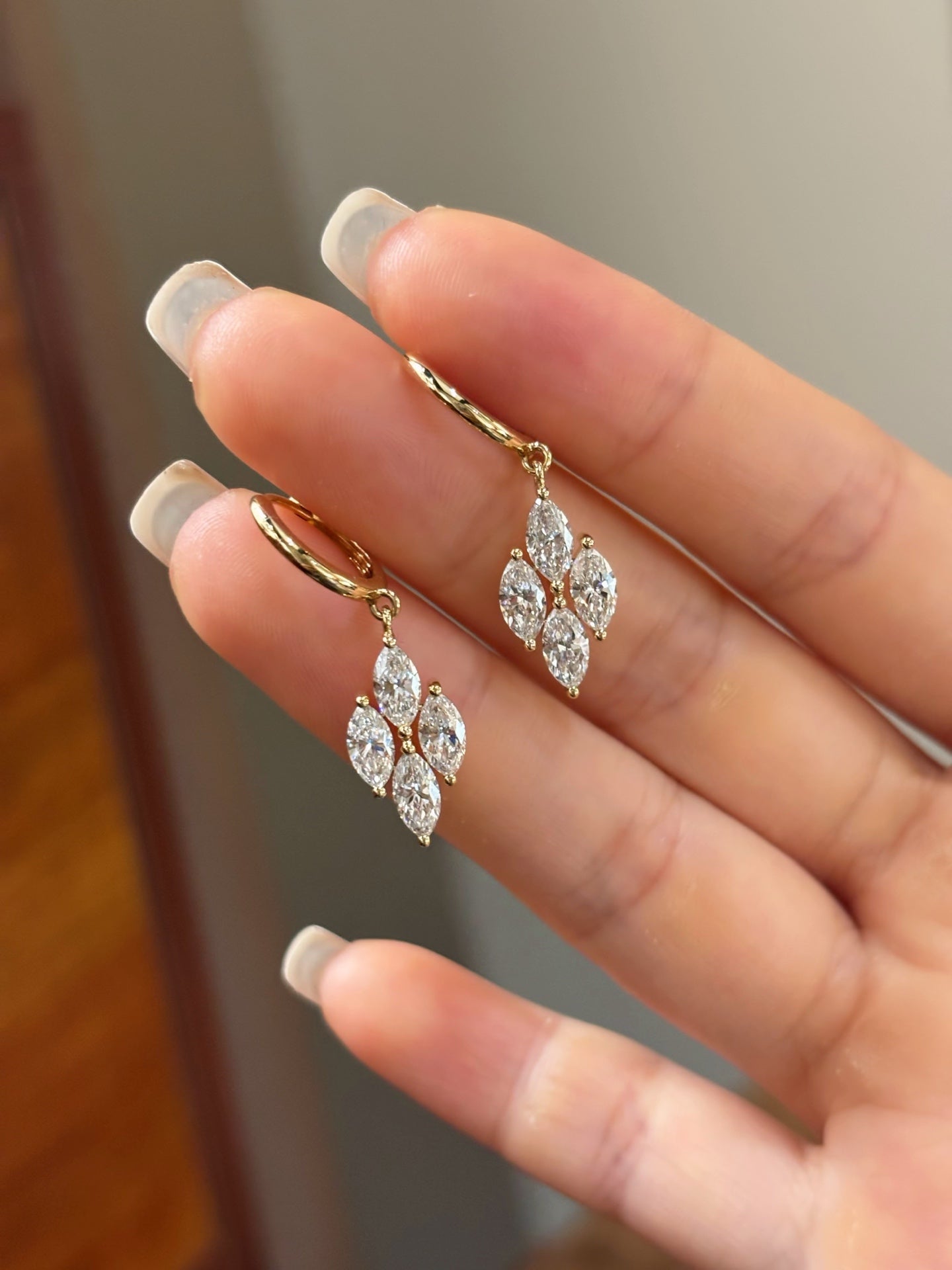 Marquise Cut Lab Grown Diamond Dangle Hoop Earrings | Vintage Cluster Drop | Solid 18KGold