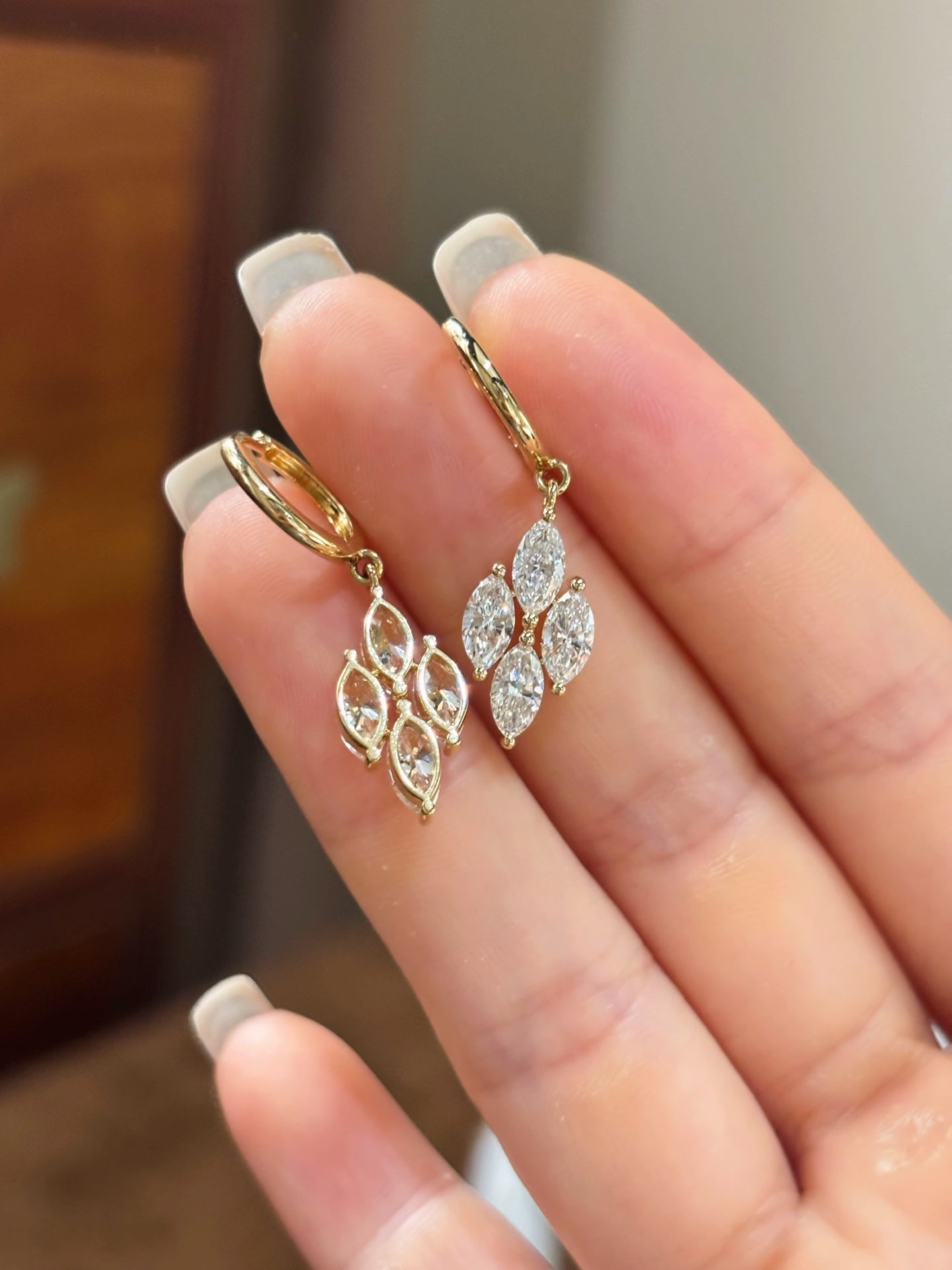 Marquise Cut Lab Grown Diamond Dangle Hoop Earrings | Vintage Cluster Drop | Solid 18KGold