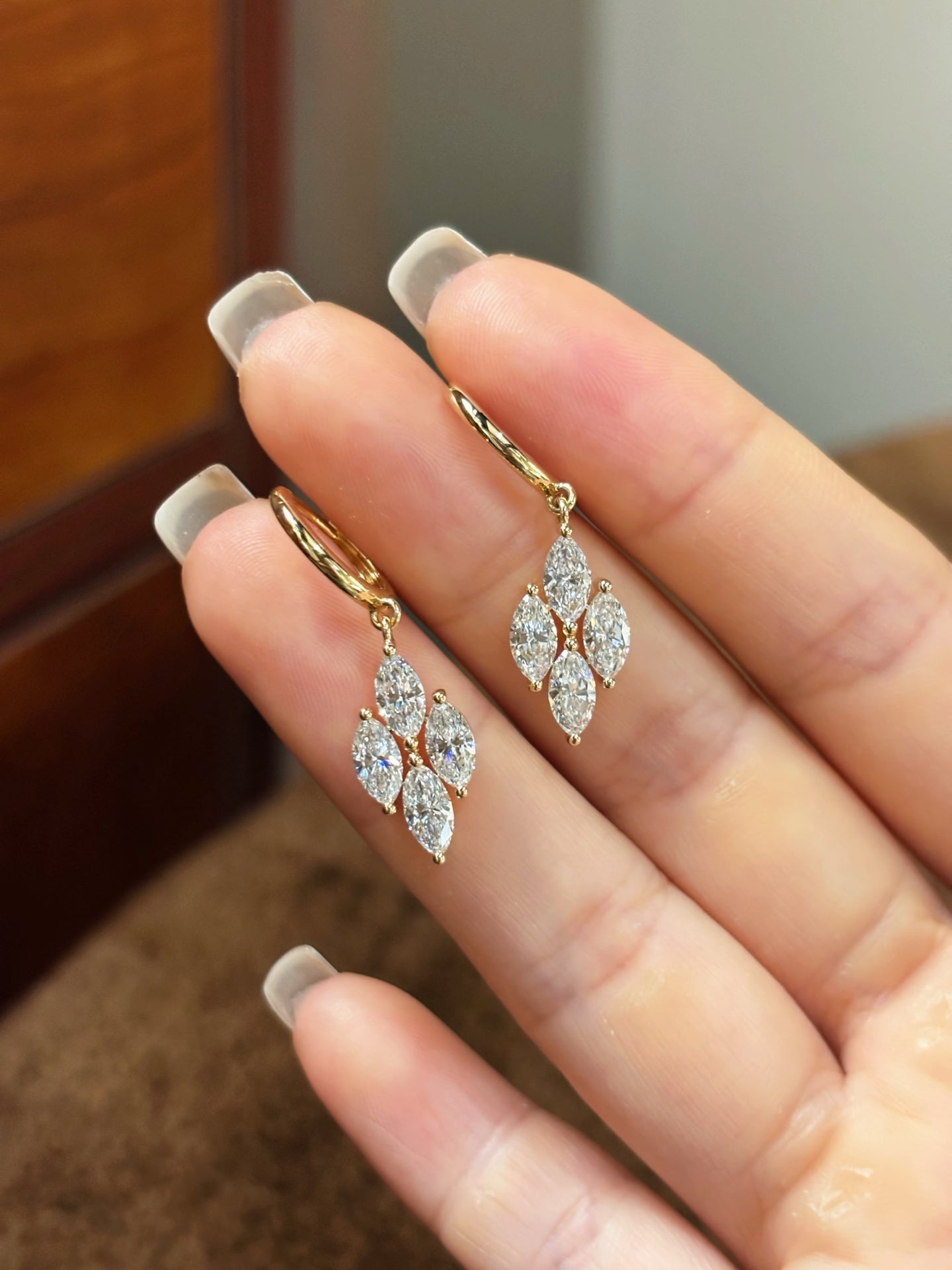 Marquise Cut Lab Grown Diamond Dangle Hoop Earrings | Vintage Cluster Drop | Solid 18KGold