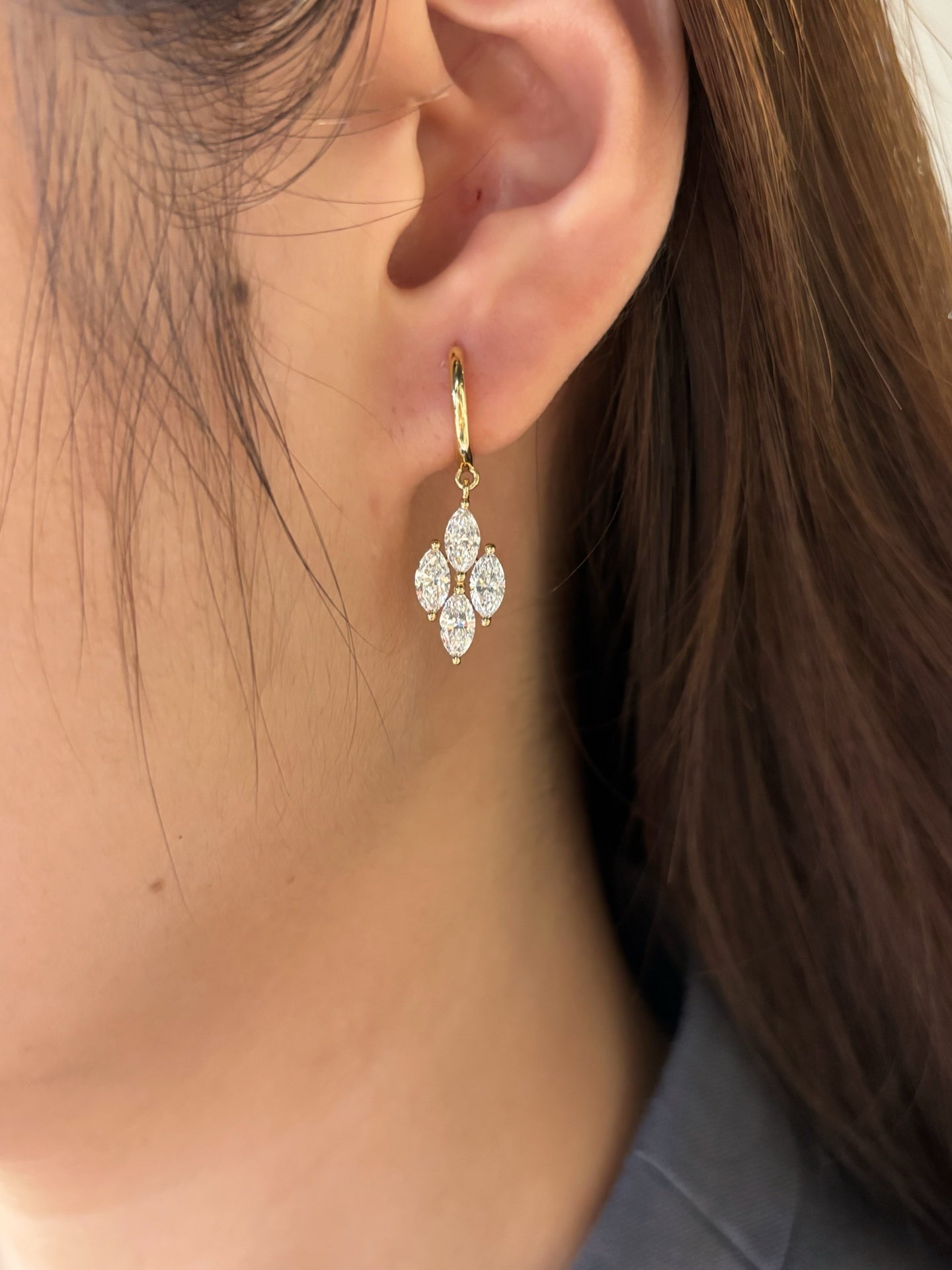 Marquise Cut Lab Grown Diamond Dangle Hoop Earrings | Vintage Cluster Drop | Solid 18KGold
