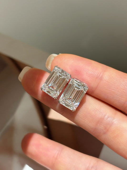 Emerald Cut Lab Grown Diamond Stud Earrings | Classic Four Prong Solitaire | Solid 18K Gold