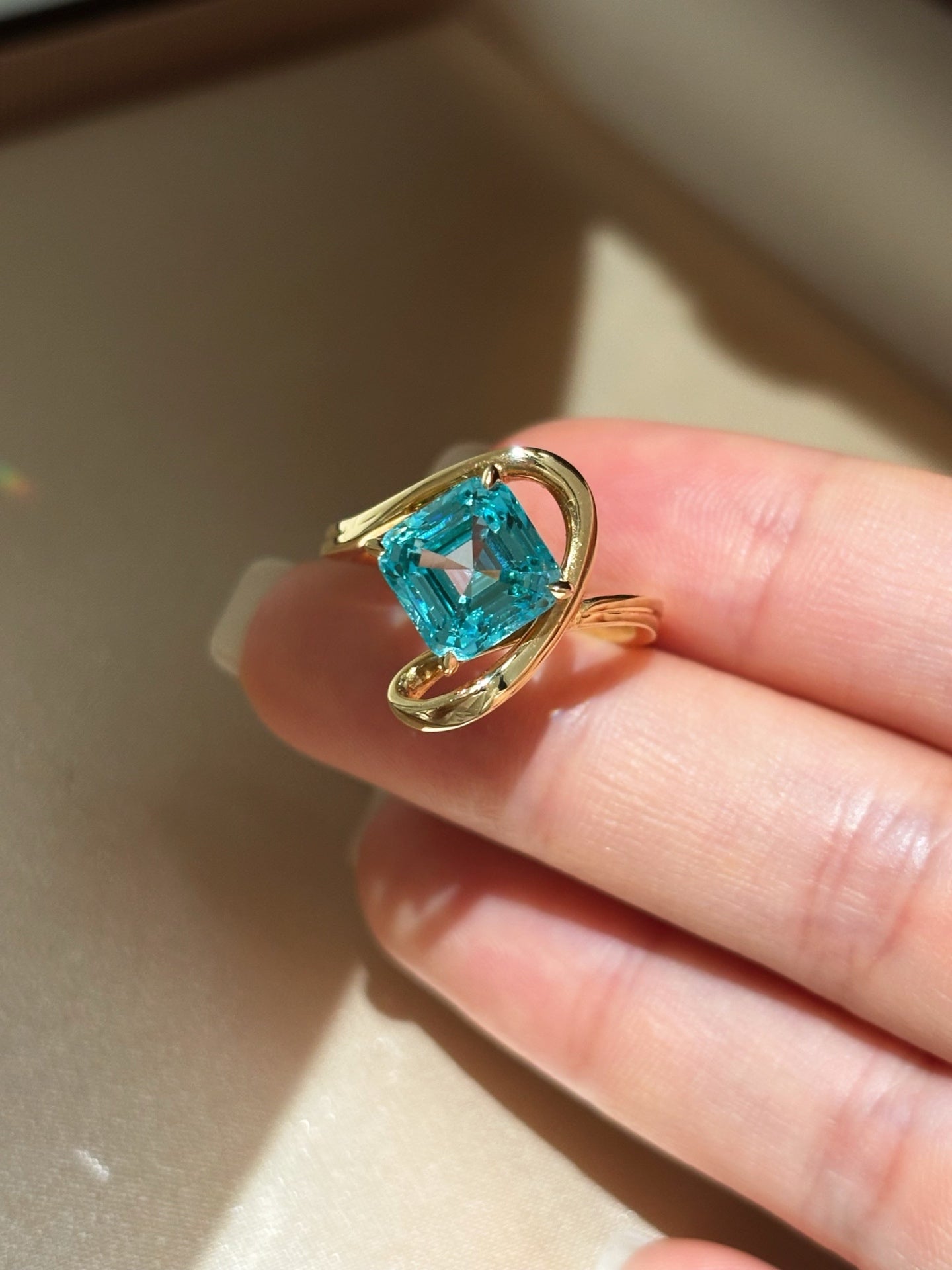 Square Asscher Cut Paraiba Lab Grown Gemstone Solitaire Ring | Abstract Twist Open Shank | Solid 18K Yellow Gold