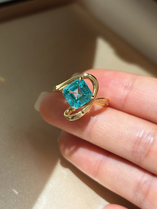 Square Asscher Cut Paraiba Lab Grown Gemstone Solitaire Ring | Abstract Twist Open Shank | Solid 18K Yellow Gold