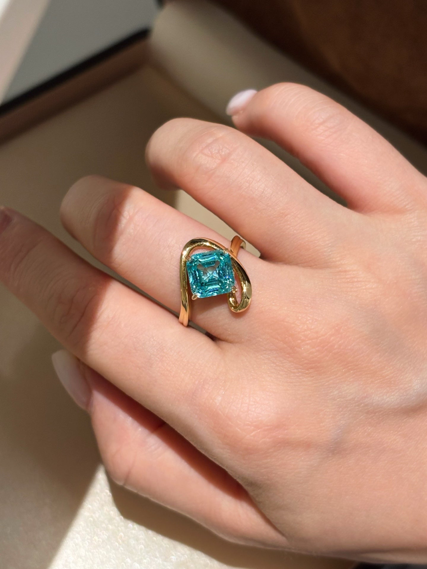 Square Asscher Cut Paraiba Lab Grown Gemstone Solitaire Ring | Abstract Twist Open Shank | Solid 18K Yellow Gold