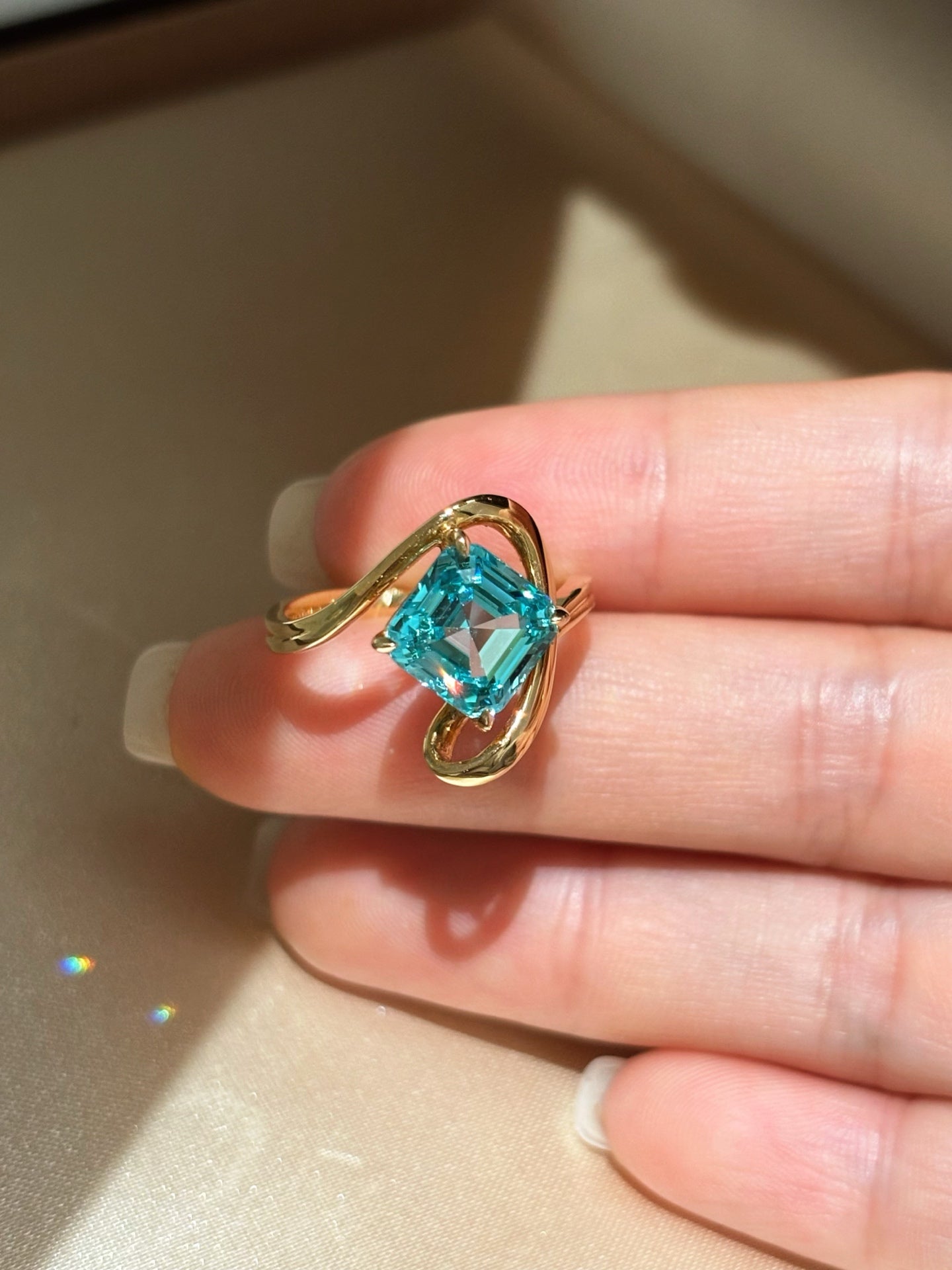 Square Asscher Cut Paraiba Lab Grown Gemstone Solitaire Ring | Abstract Twist Open Shank | Solid 18K Yellow Gold