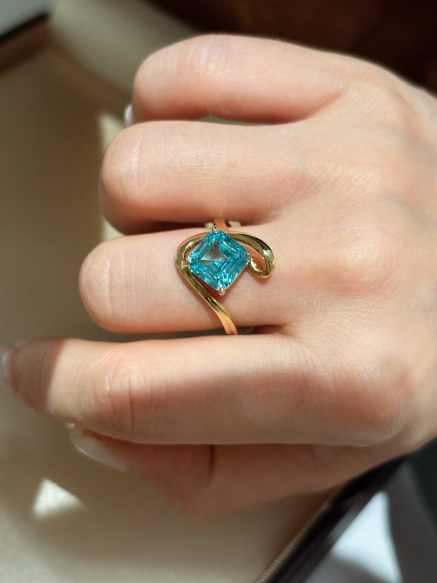 Square Asscher Cut Paraiba Lab Grown Gemstone Solitaire Ring | Abstract Twist Open Shank | Solid 18K Yellow Gold