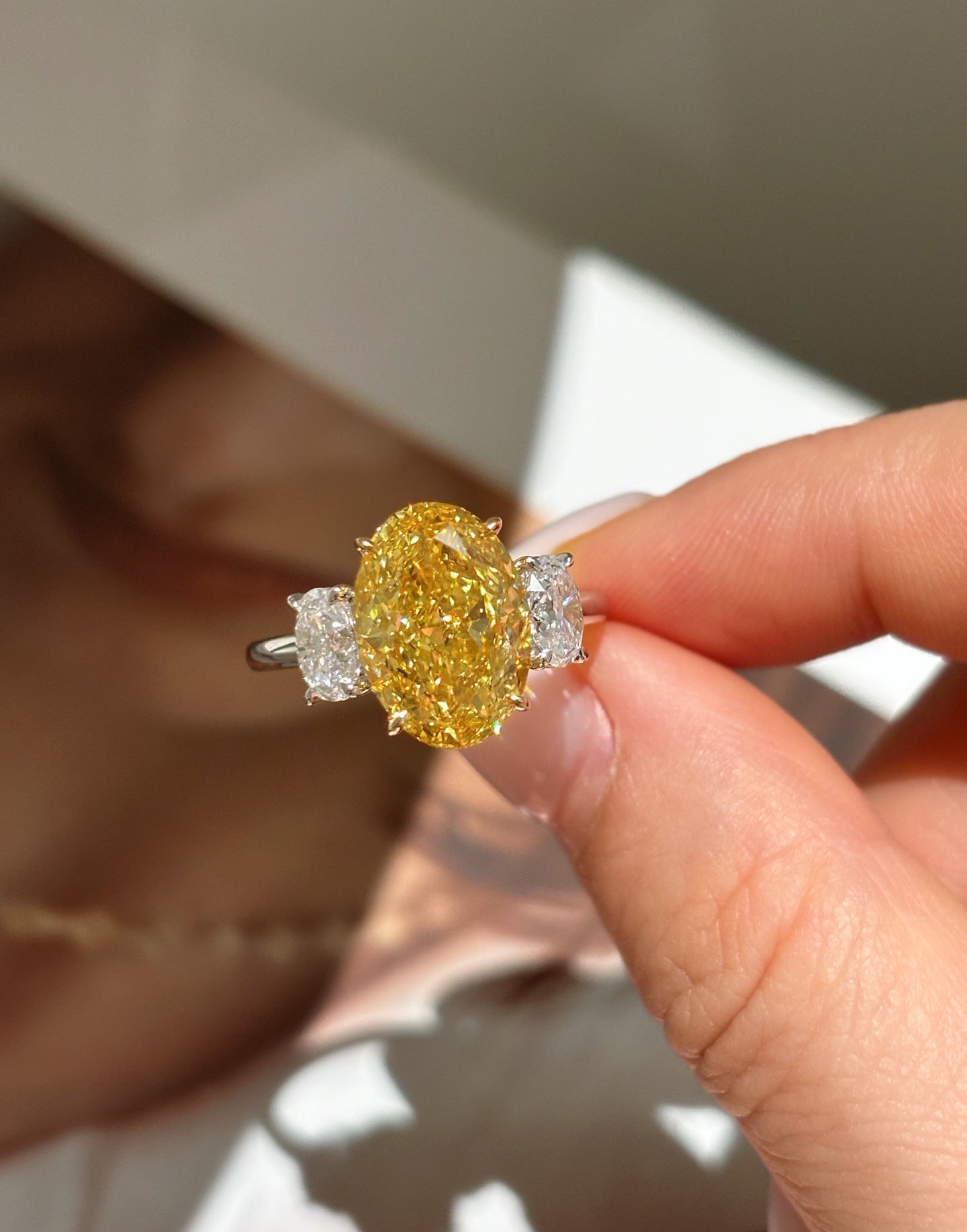 Classic Three Stone Oval Canary Lab Diamond Solitaire Ring | 18K Gold
