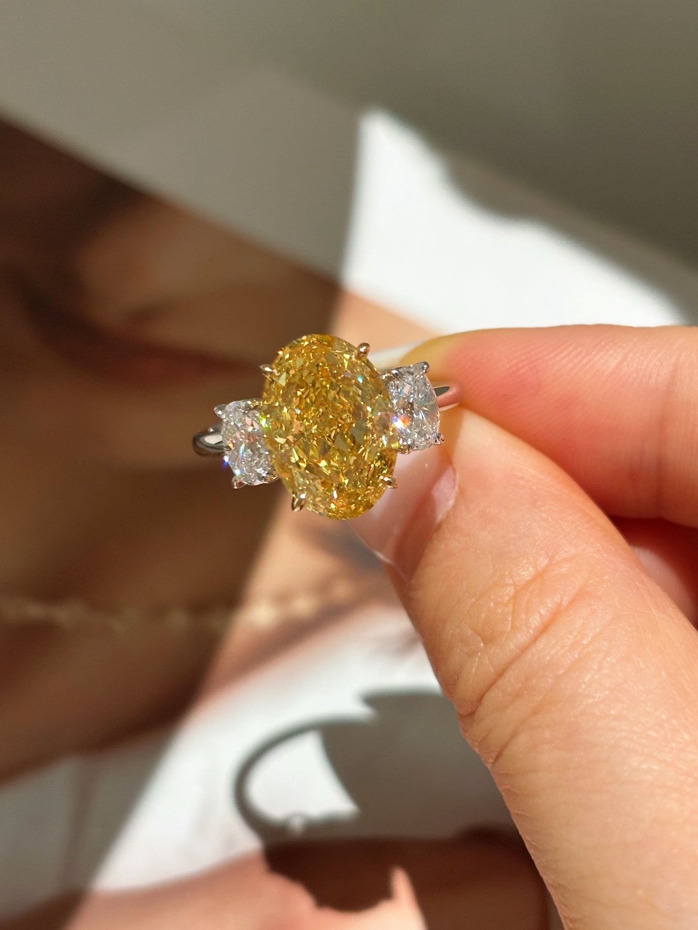 Classic Three Stone Oval Canary Lab Diamond Solitaire Ring | 18K Gold
