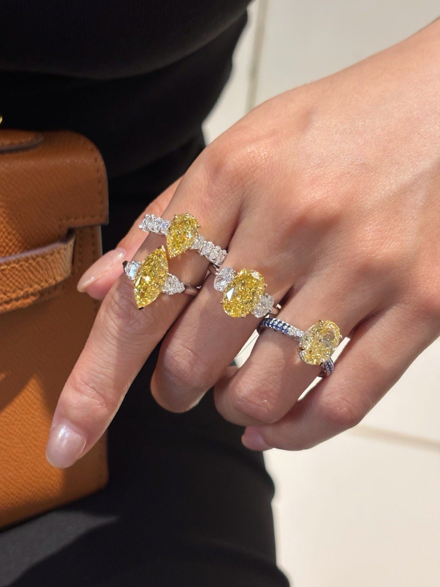 Classic Three Stone Oval Canary Lab Diamond Solitaire Ring | 18K Gold