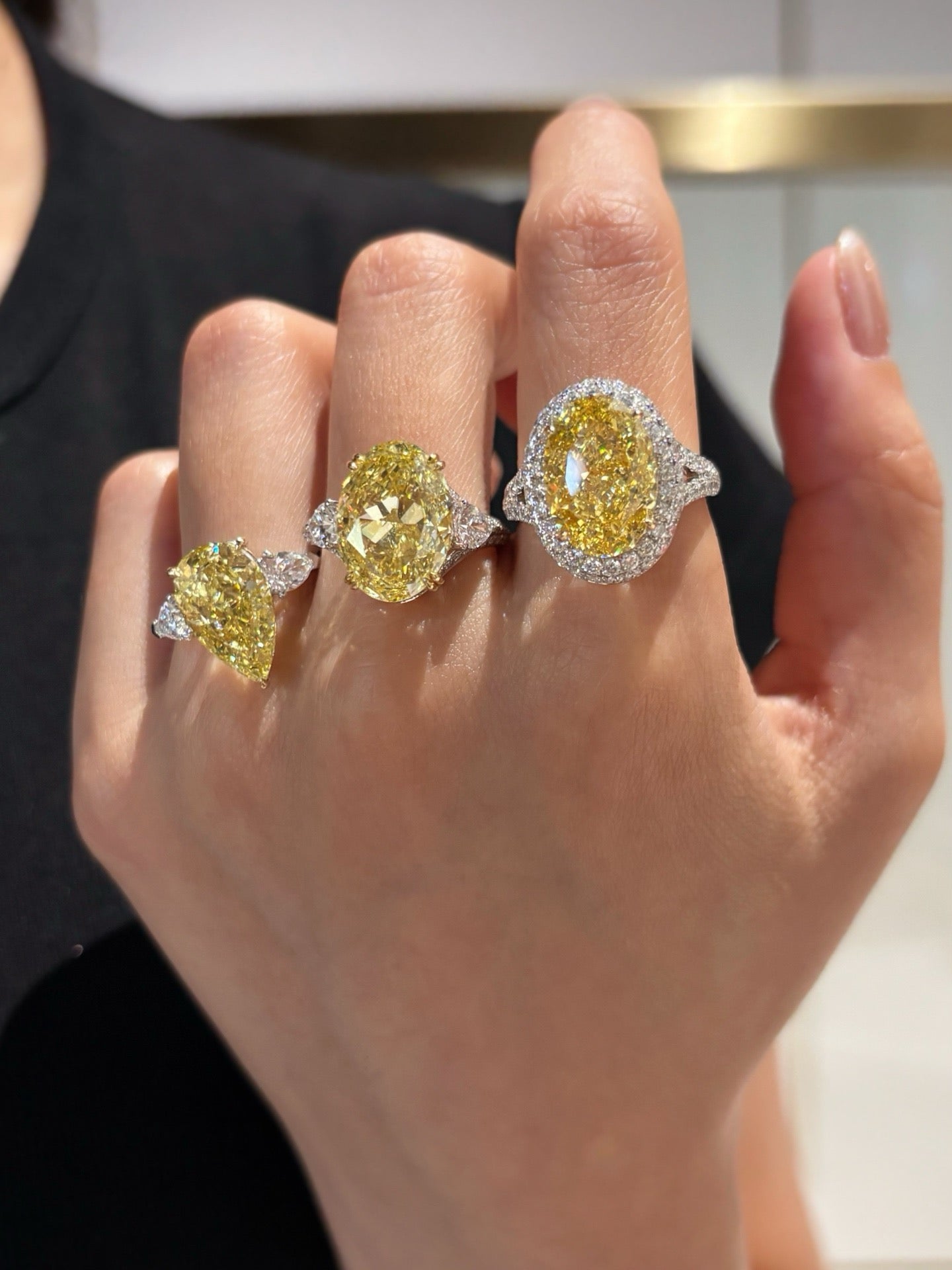 Oval Yellow Lab Diamond | Two Tone Gold Three Stone Split Shank Ring | 18K Gold
