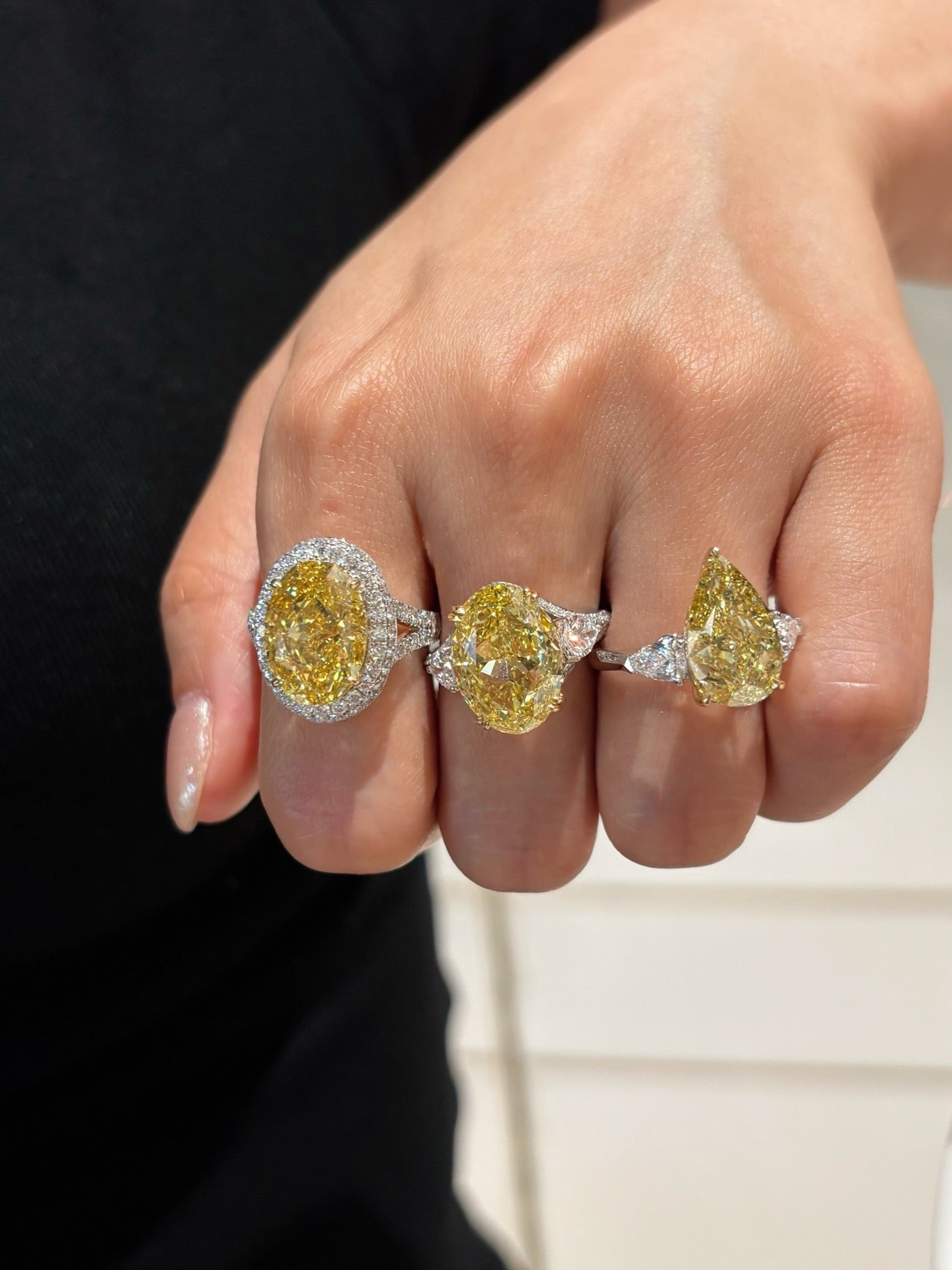 Oval Yellow Lab Diamond | Two Tone Gold Three Stone Split Shank Ring | 18K Gold
