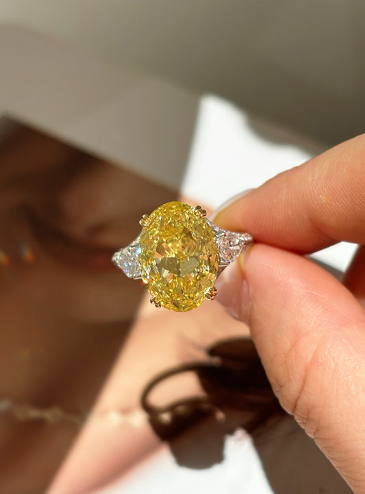Oval Yellow Lab Diamond | Two Tone Gold Three Stone Split Shank Ring | 18K Gold