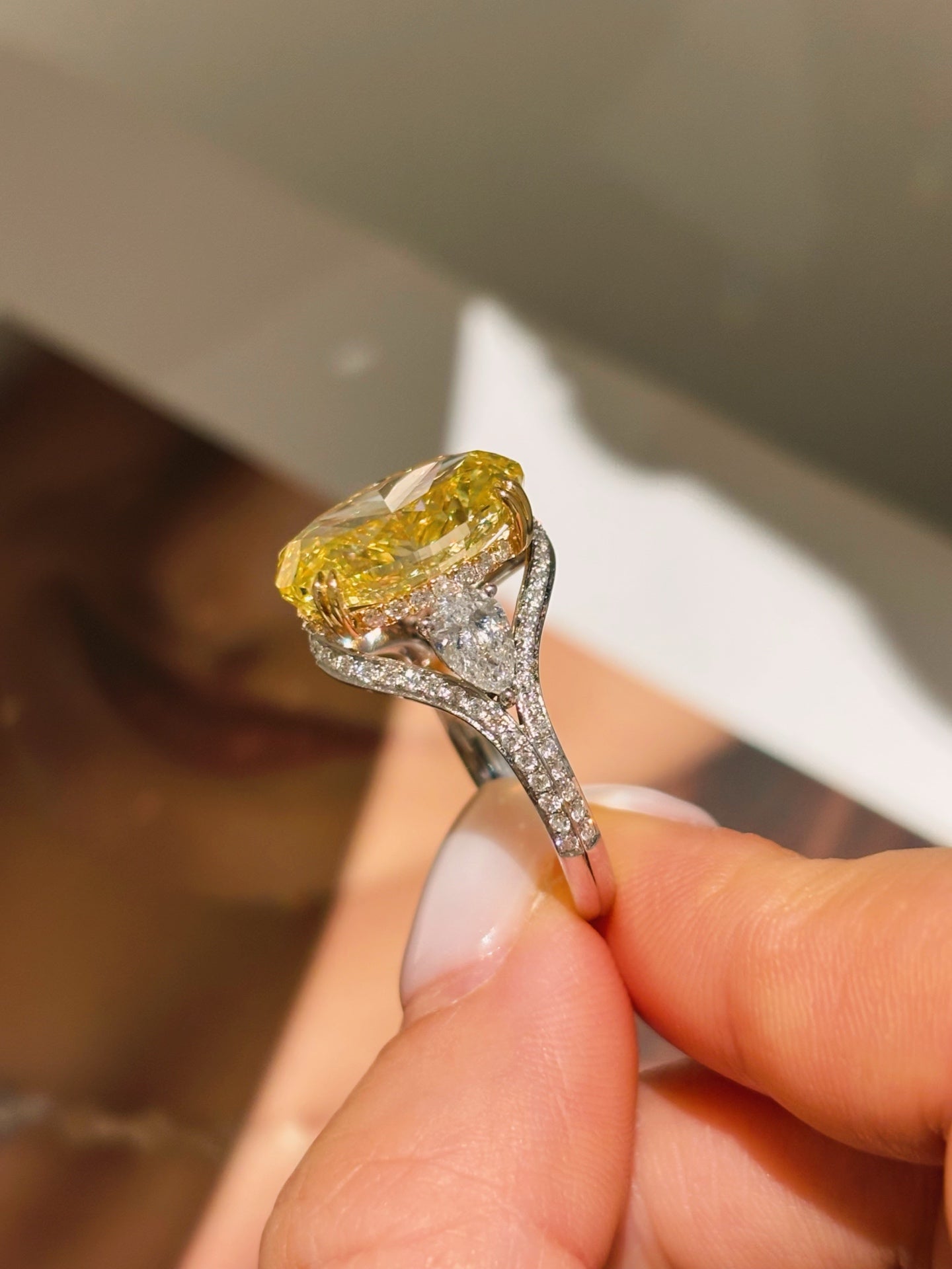 Oval Yellow Lab Diamond | Two Tone Gold Three Stone Split Shank Ring | 18K Gold
