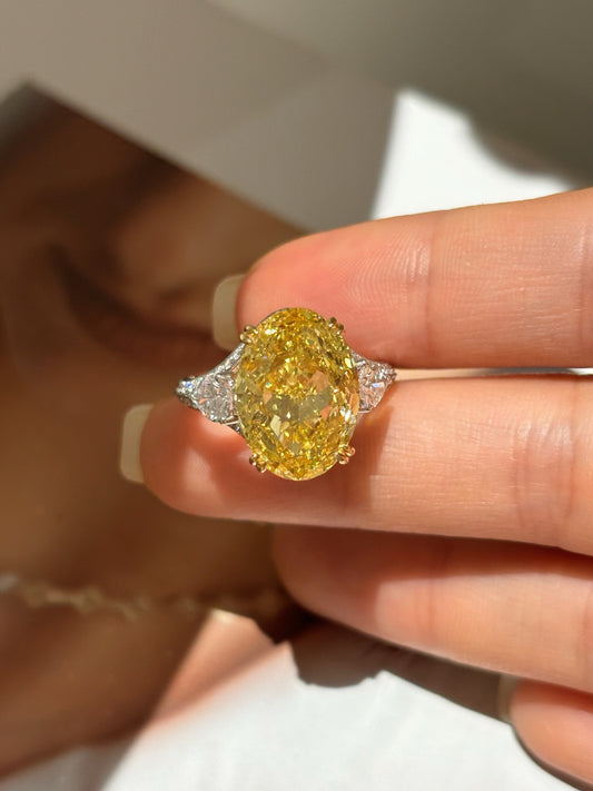 Oval Yellow Lab Diamond | Two Tone Gold Three Stone Split Shank Ring | 18K Gold