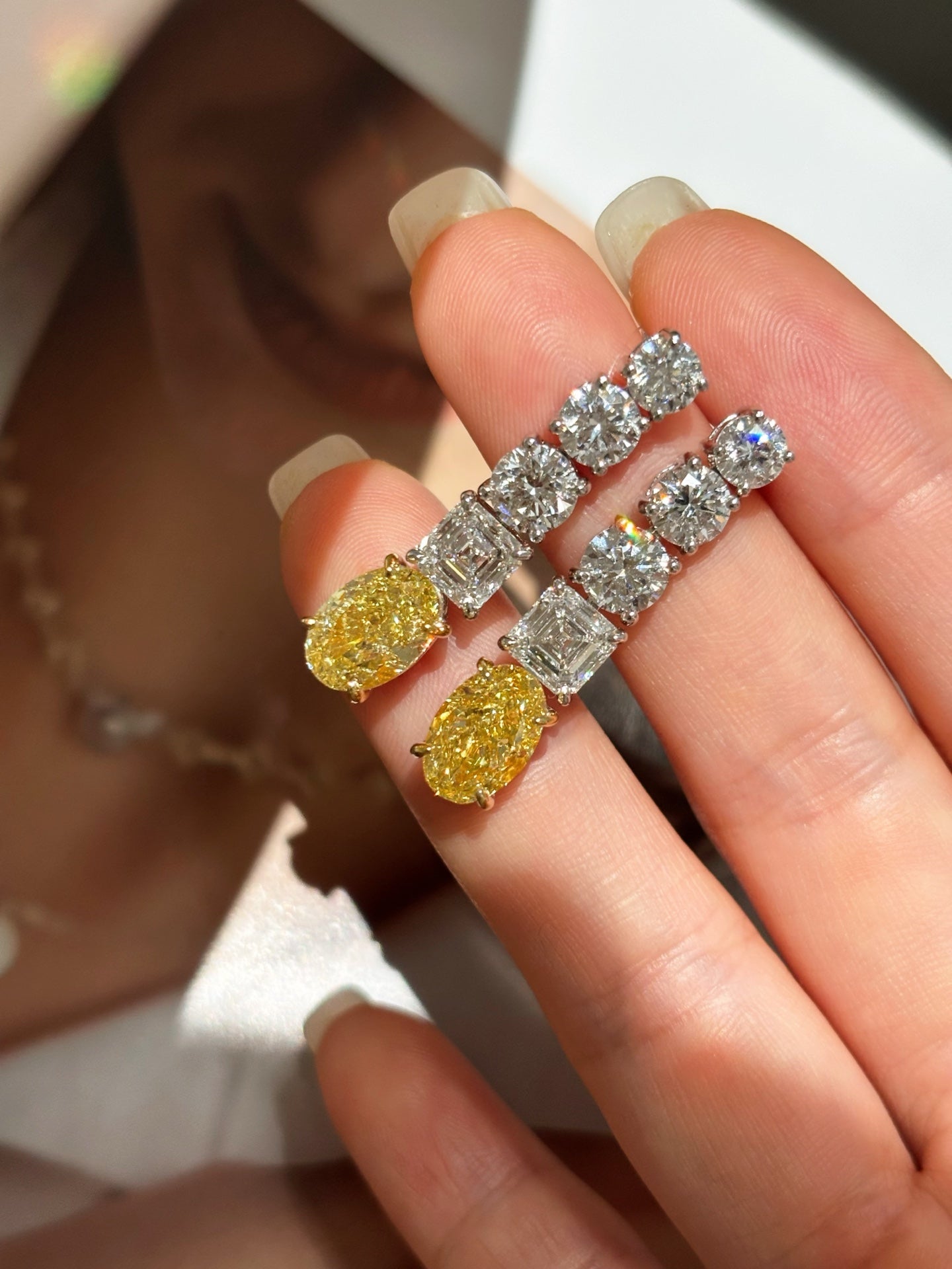 Oval Canary Yellow + Round Square Lab Diamond Drop Earrings | Platinum