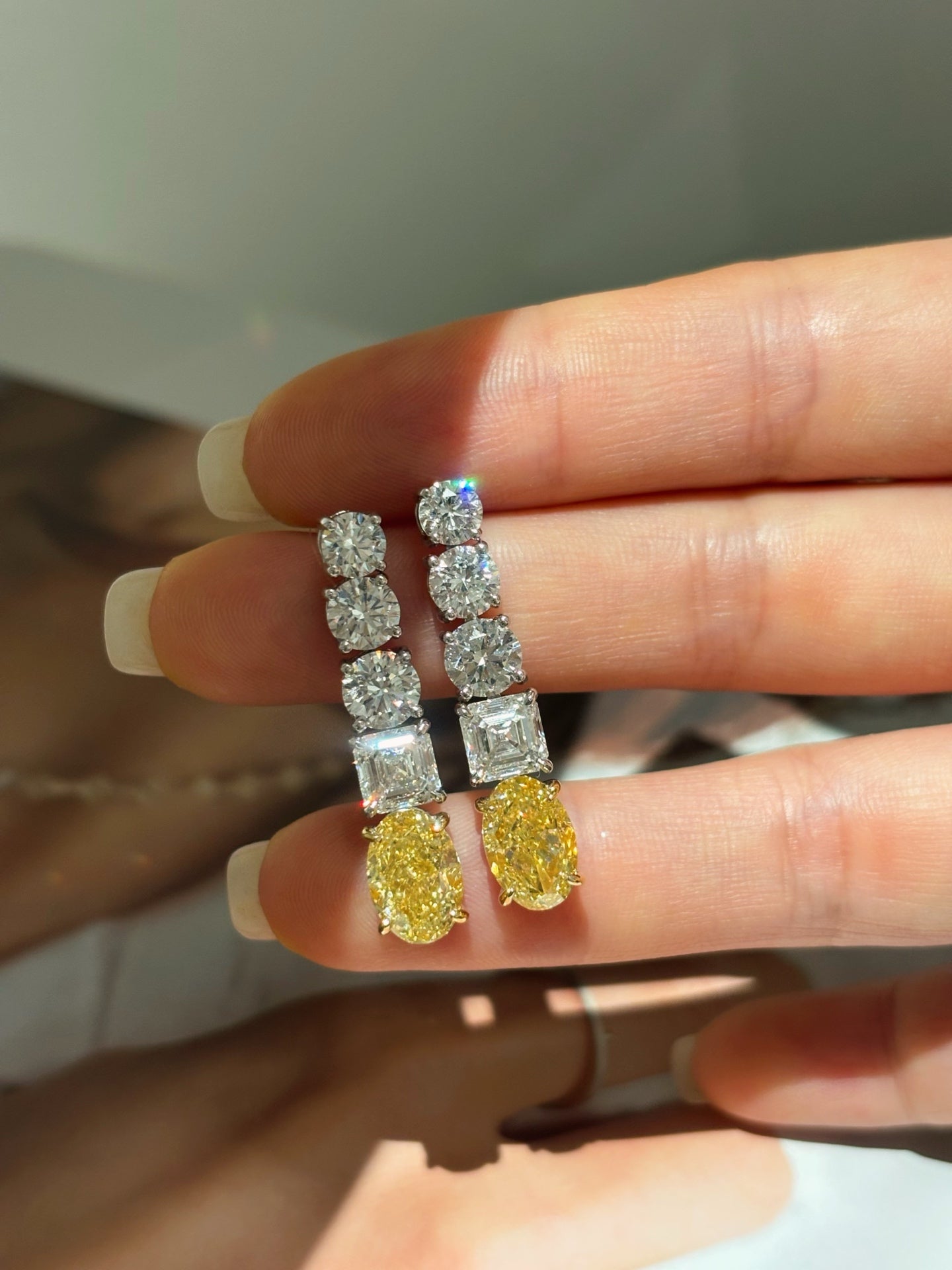 Oval Canary Yellow + Round Square Lab Diamond Drop Earrings | Platinum
