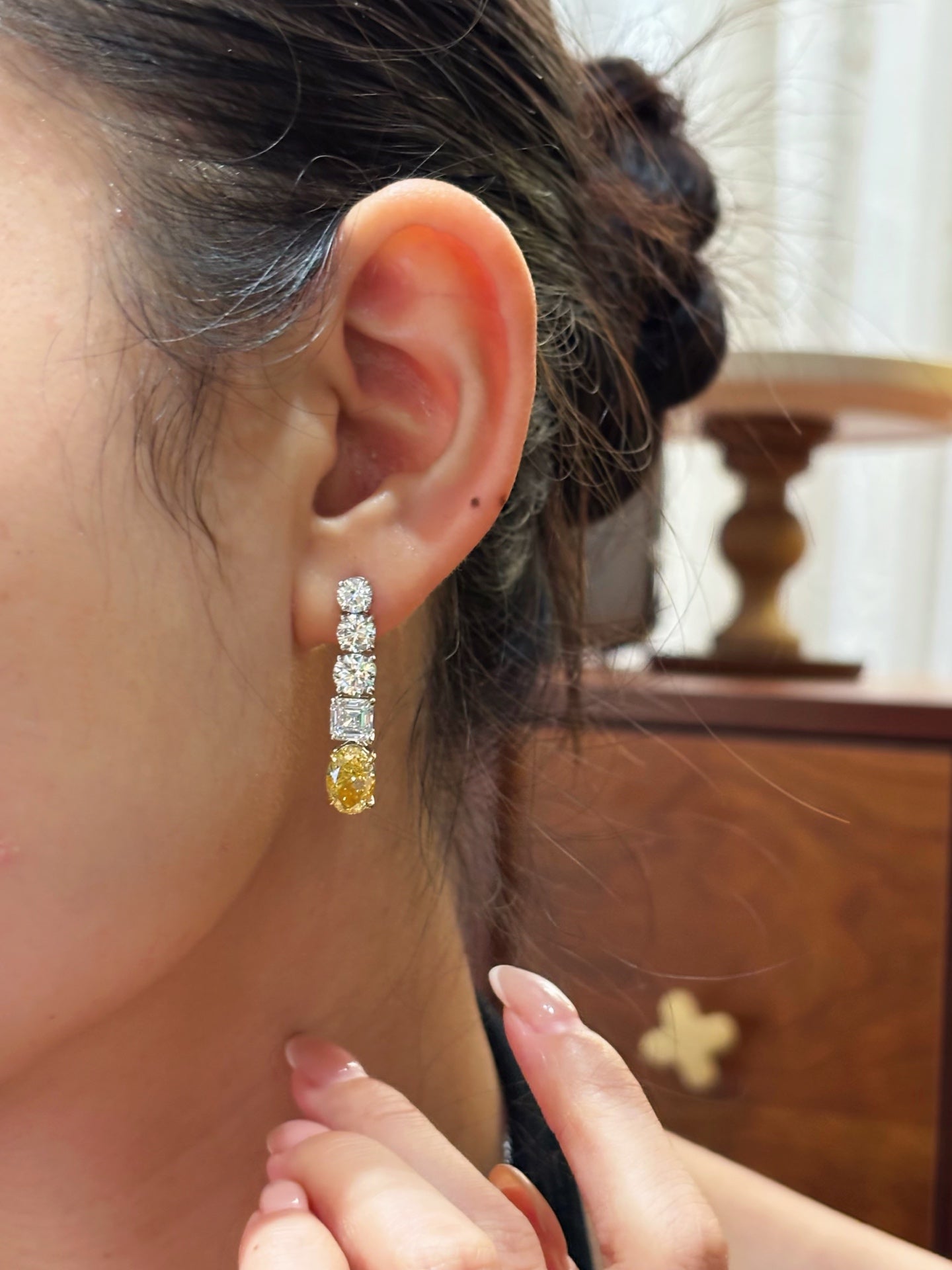 Oval Canary Yellow + Round Square Lab Diamond Drop Earrings | Platinum
