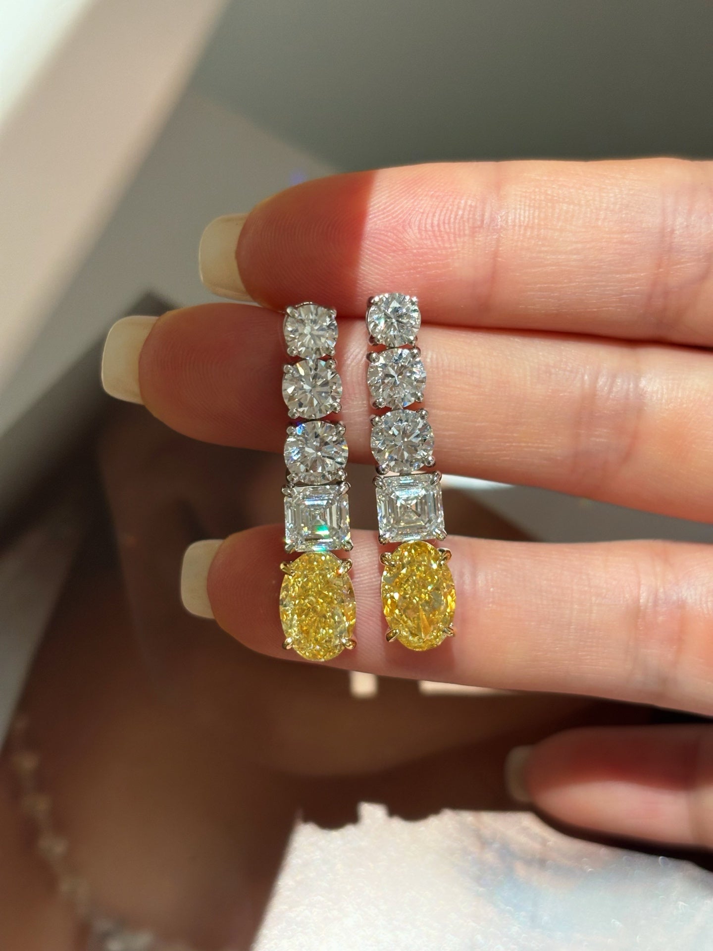 Oval Canary Yellow + Round Square Lab Diamond Drop Earrings | Platinum
