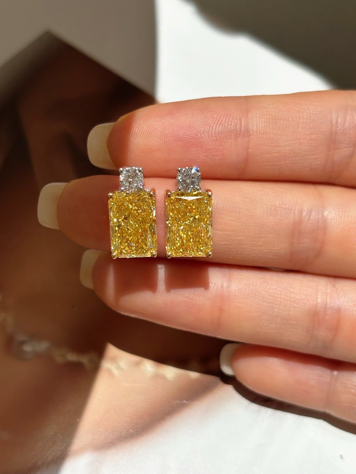 Two-Tone Radiant Yellow Lab Diamond Stud Earrings | 18K Gold