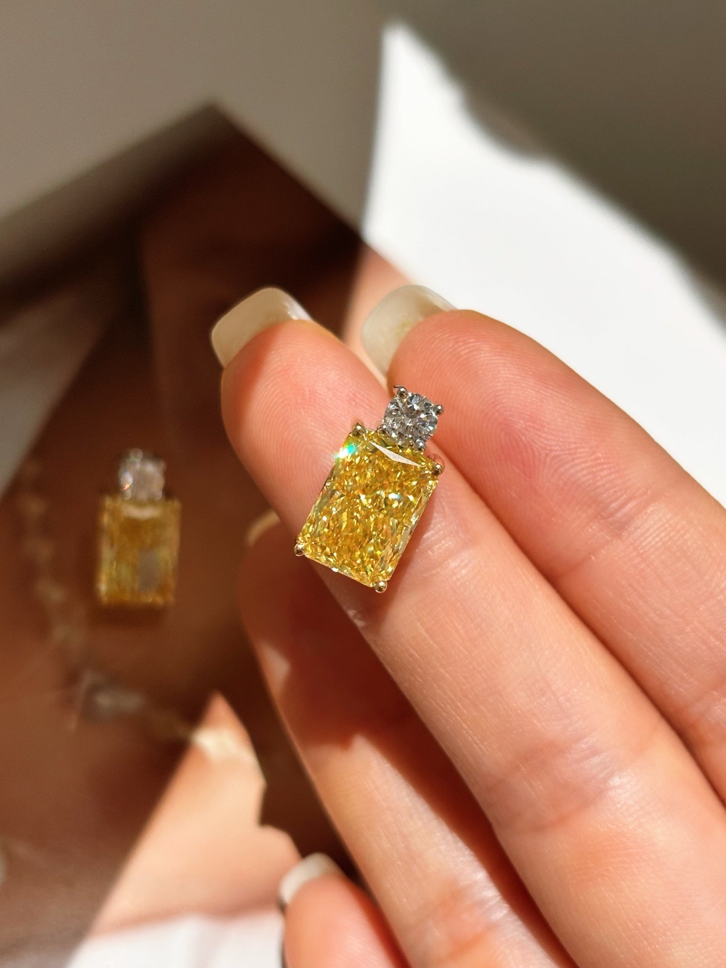 Two-Tone Radiant Yellow Lab Diamond Stud Earrings | 18K Gold