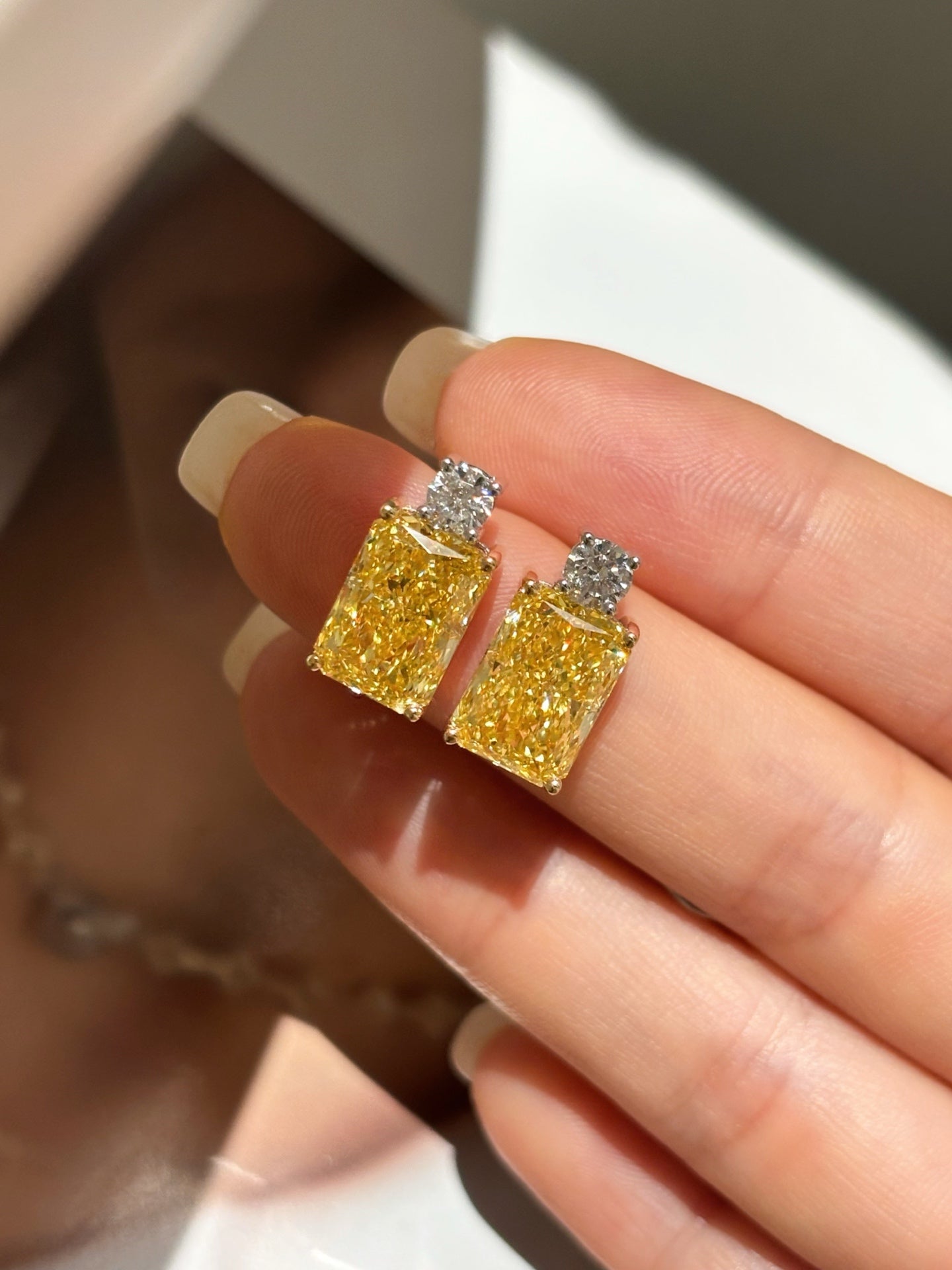 Two-Tone Radiant Yellow Lab Diamond Stud Earrings | 18K Gold