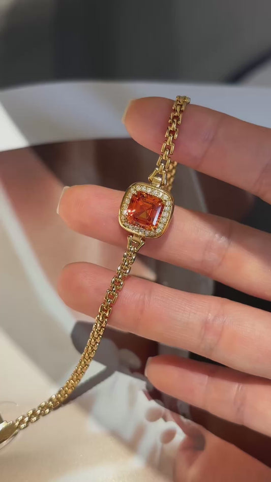 Asscher Cut Lab Fanta Gemstone Bracelet with Diamond Halo | 18K Yellow Gold
