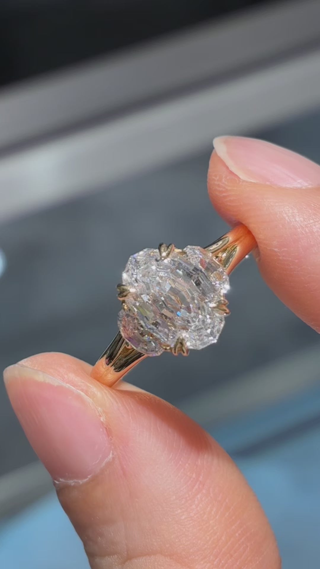 2 carat Oval Step Cut Three Stone Lab Diamond Engagement Ring  | 18K Gold