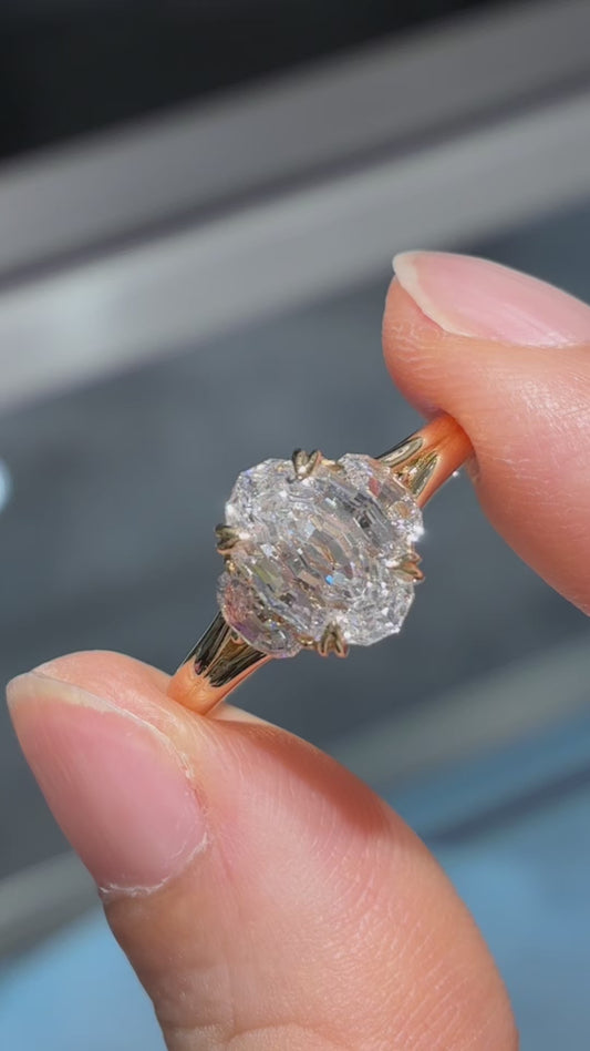 2 carat Oval Step Cut Three Stone Lab Diamond Engagement Ring  | 18K Gold