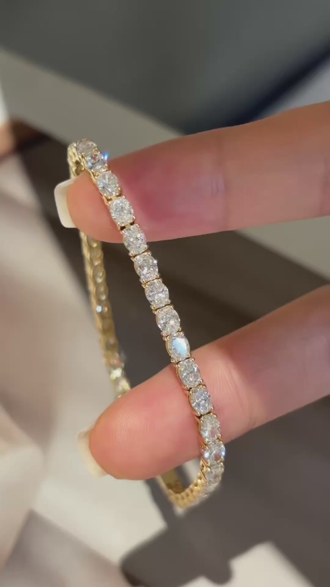 Vertical Oval Lab Grown Diamond Tennis Bracelet | Four Prong Setting | 18K Yellow Gold